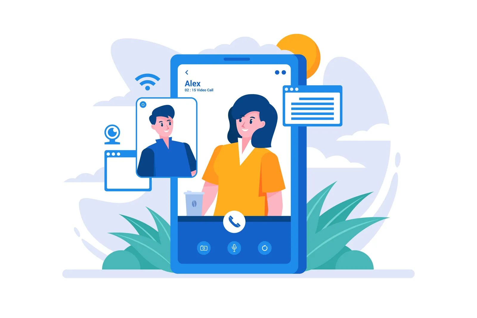 Illustration of a video call across a laptop, smartphone, and connected devices