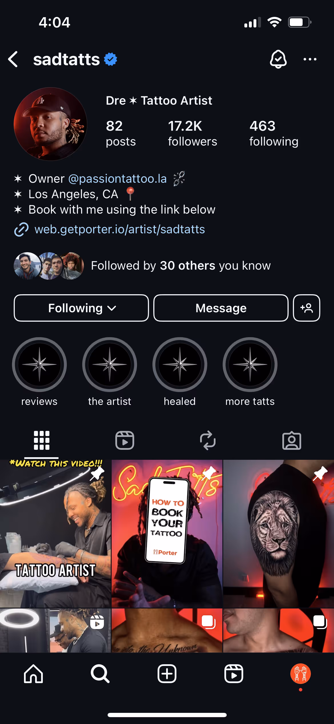 Screenshot of SadTatts profile on Instagram