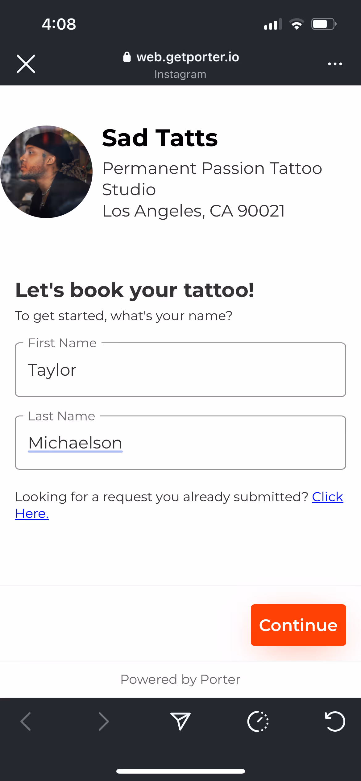 Screenshot of a custom Porter booking form