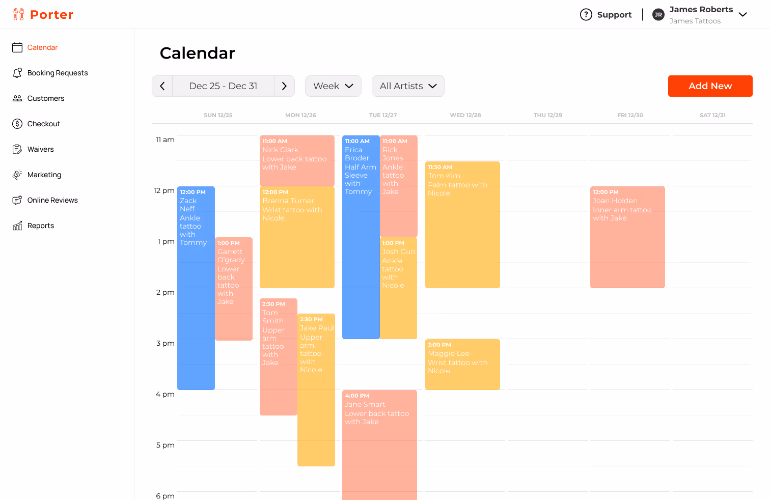 Porter web app calendar screenshot