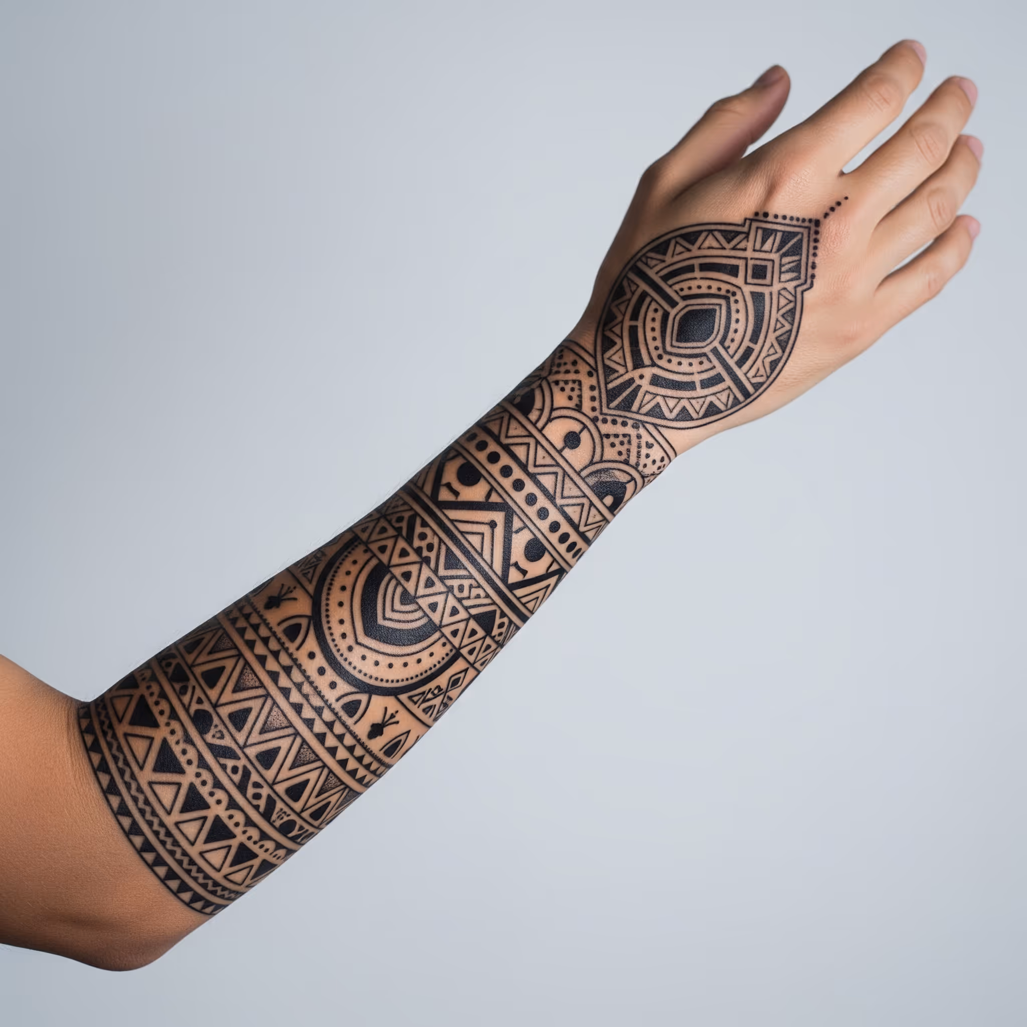 Forearm black and grey geometric tattoo