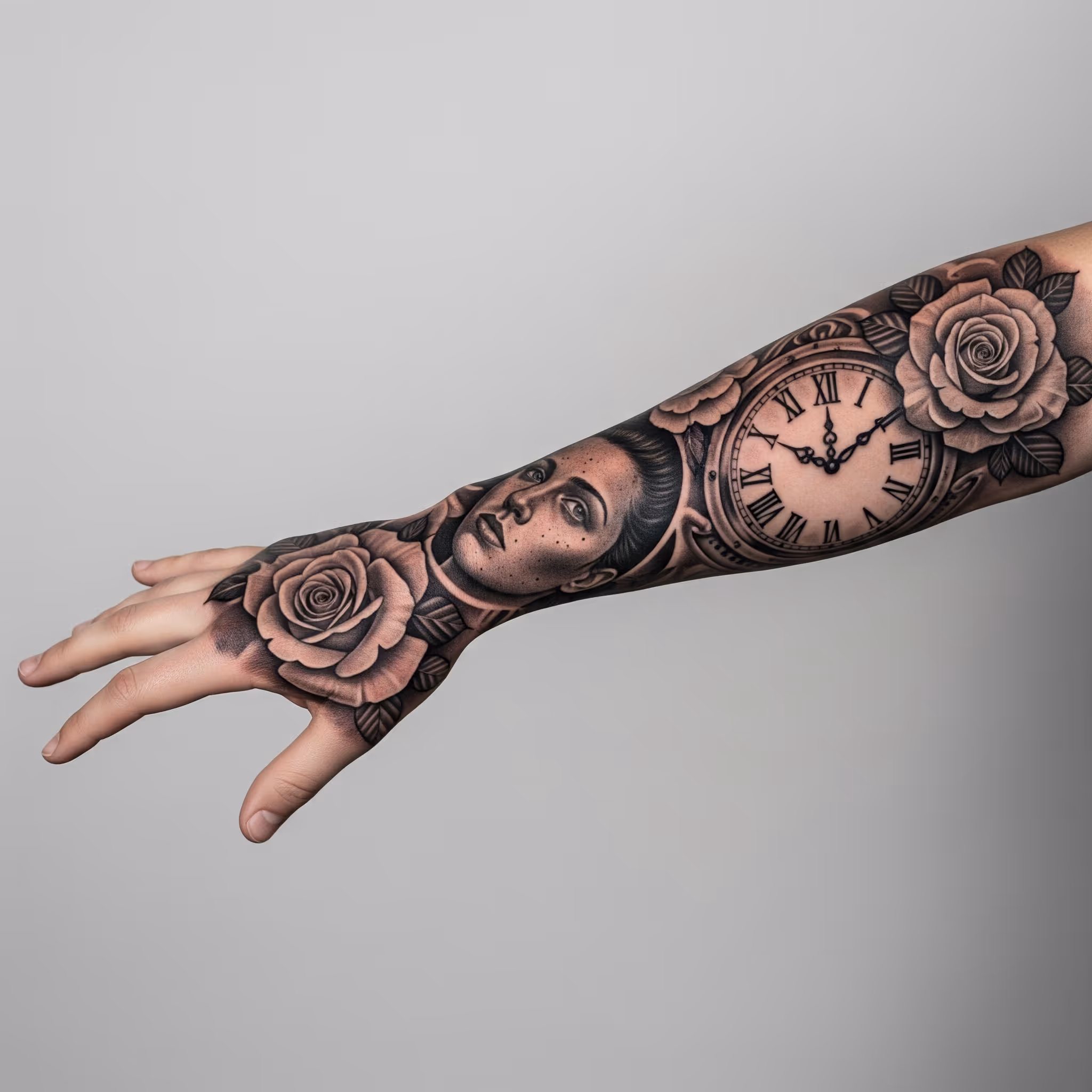 Black and grey tattoo on forearm