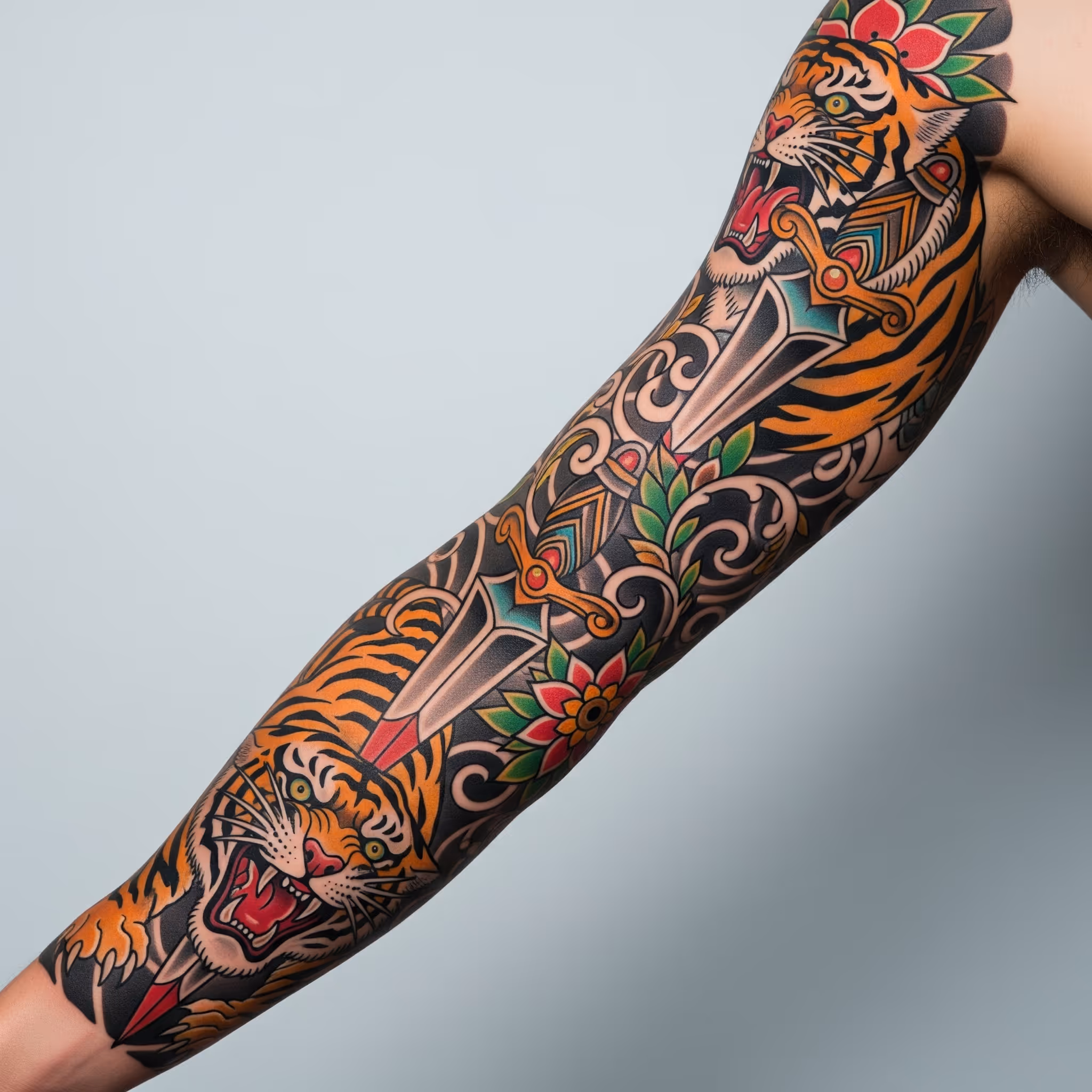 Colorful, nature tattoo arm sleeve