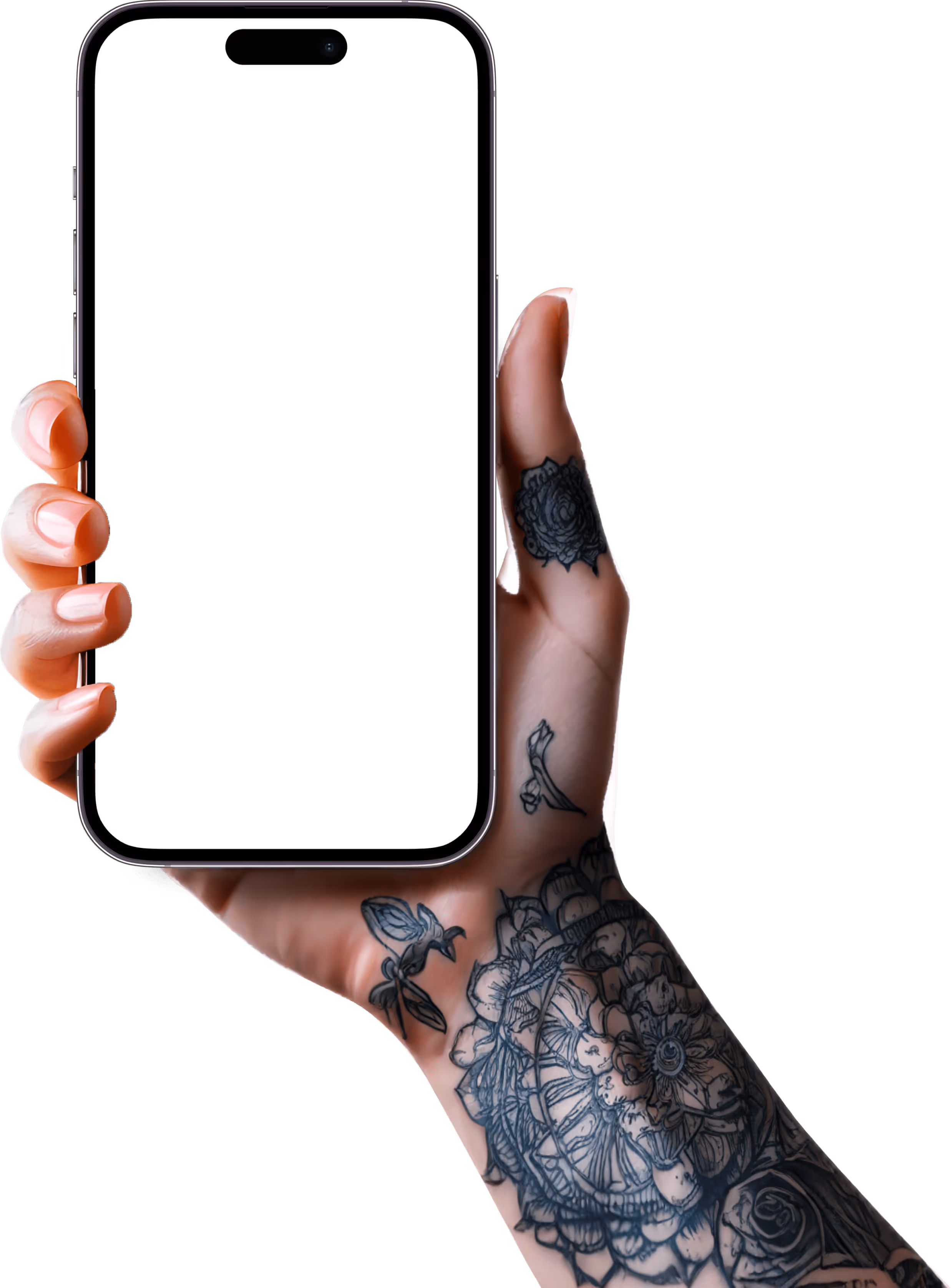 Hand with tattoos holding an iPhone