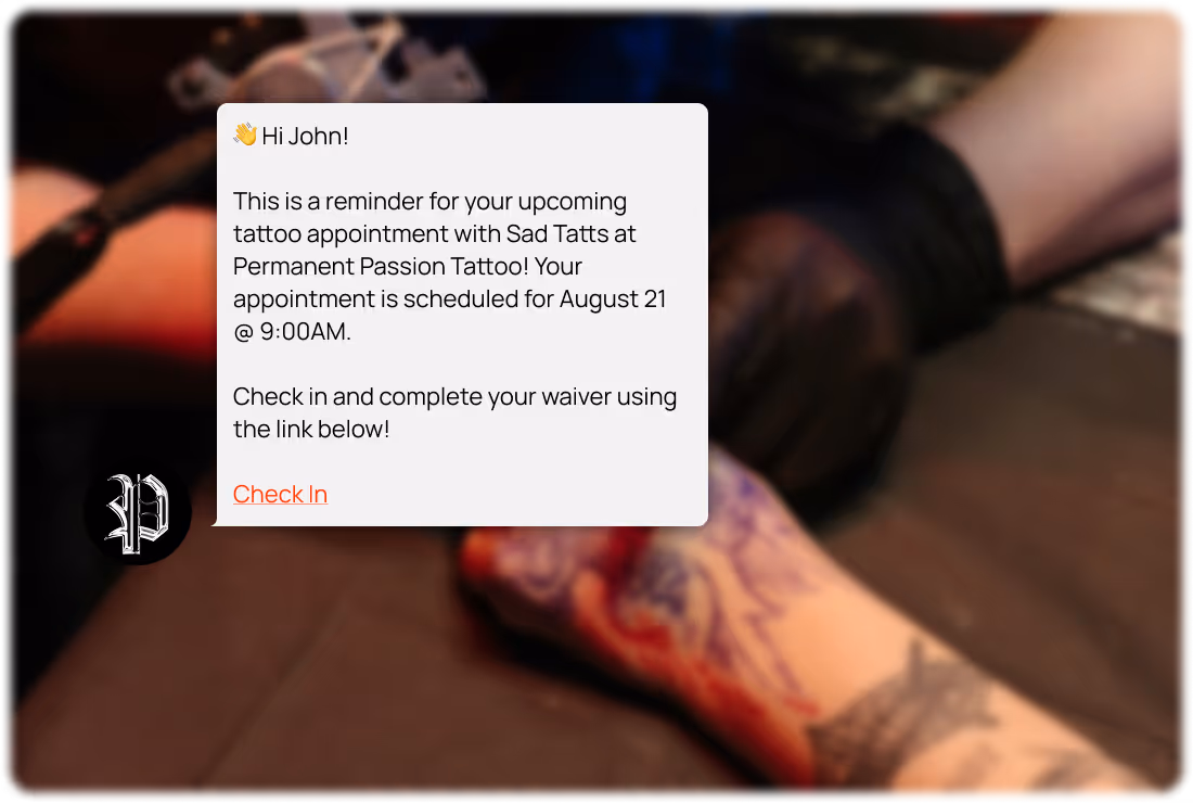 Person giving a tattoo with a reminder to check-in and complete the waiver