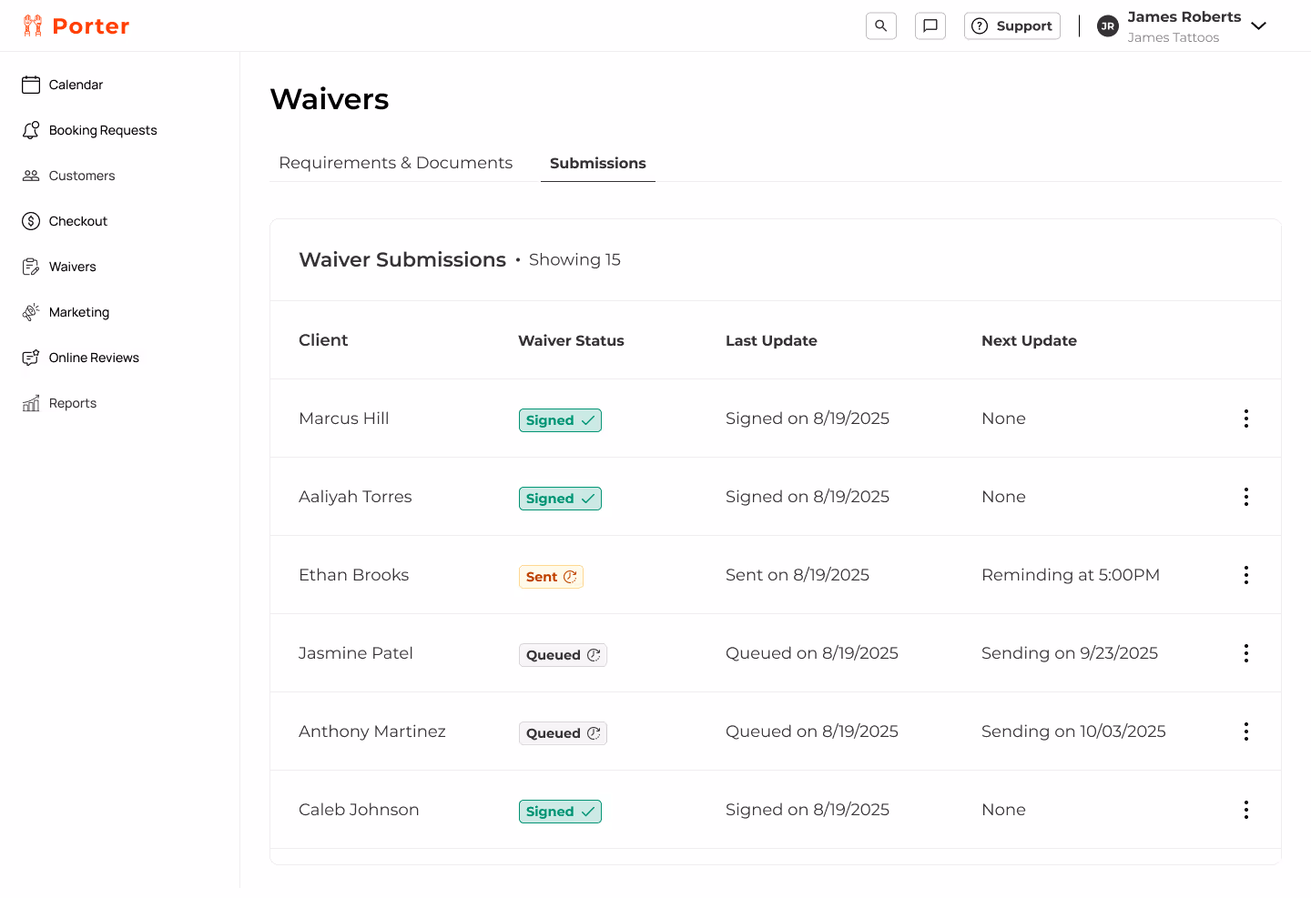 Screenshot of the waivers page in Porter