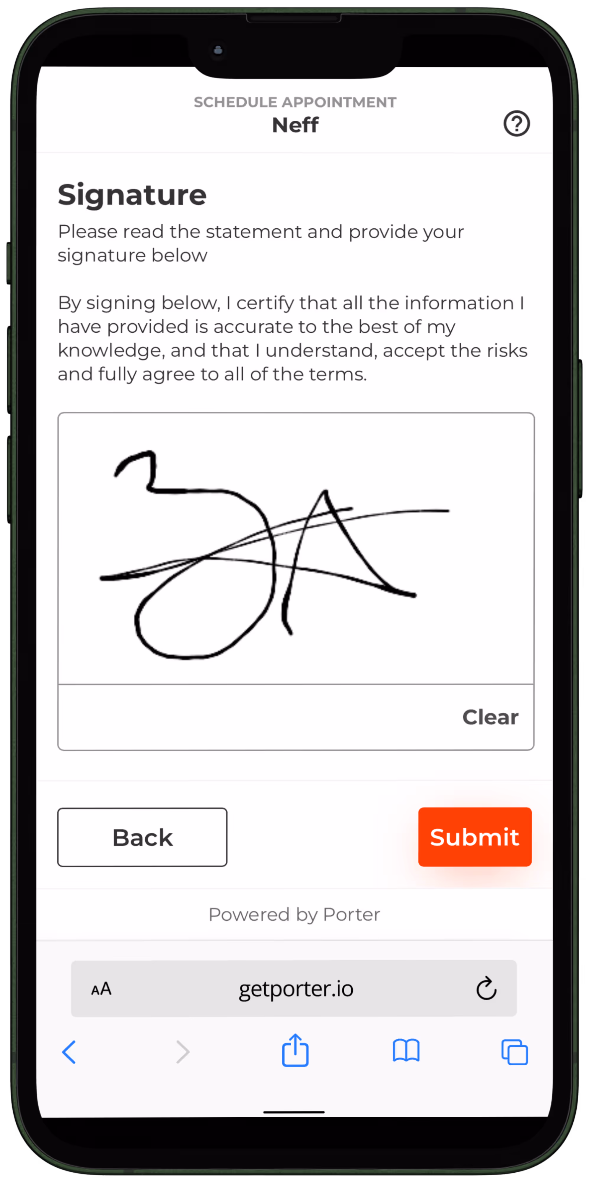 iPhone mockup of a client signing a waiver