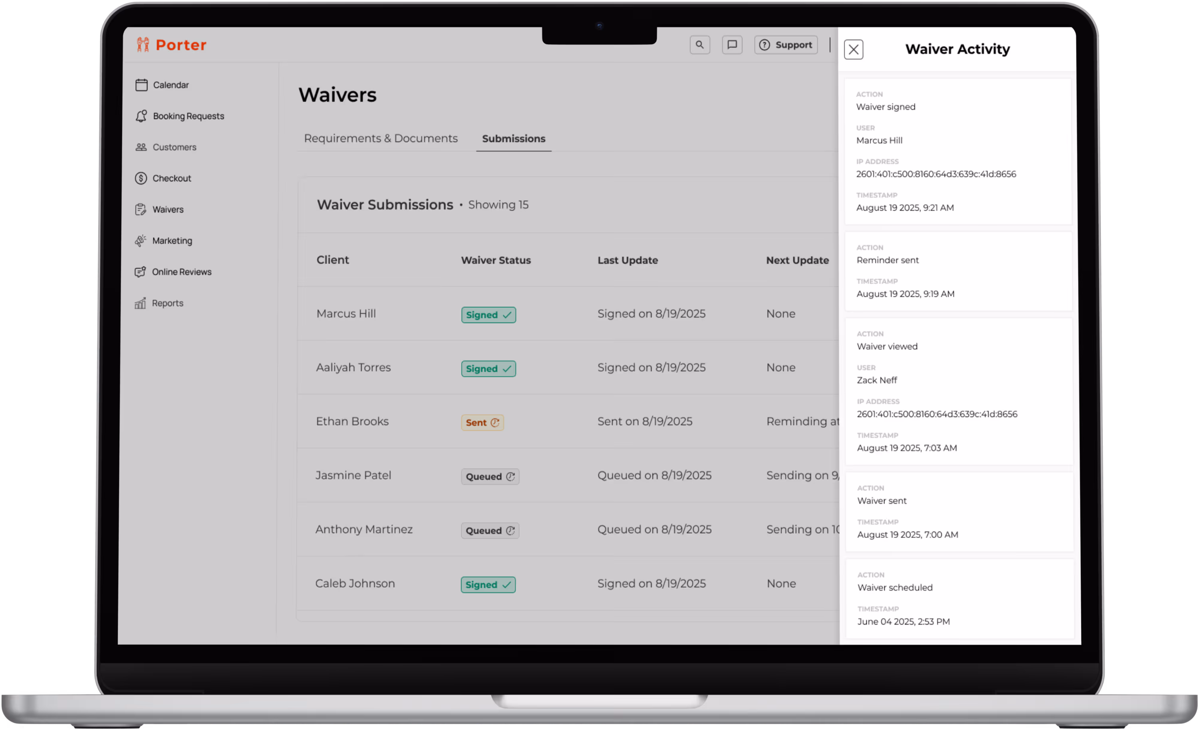 Laptop mockup of the waiver detail page in Porter