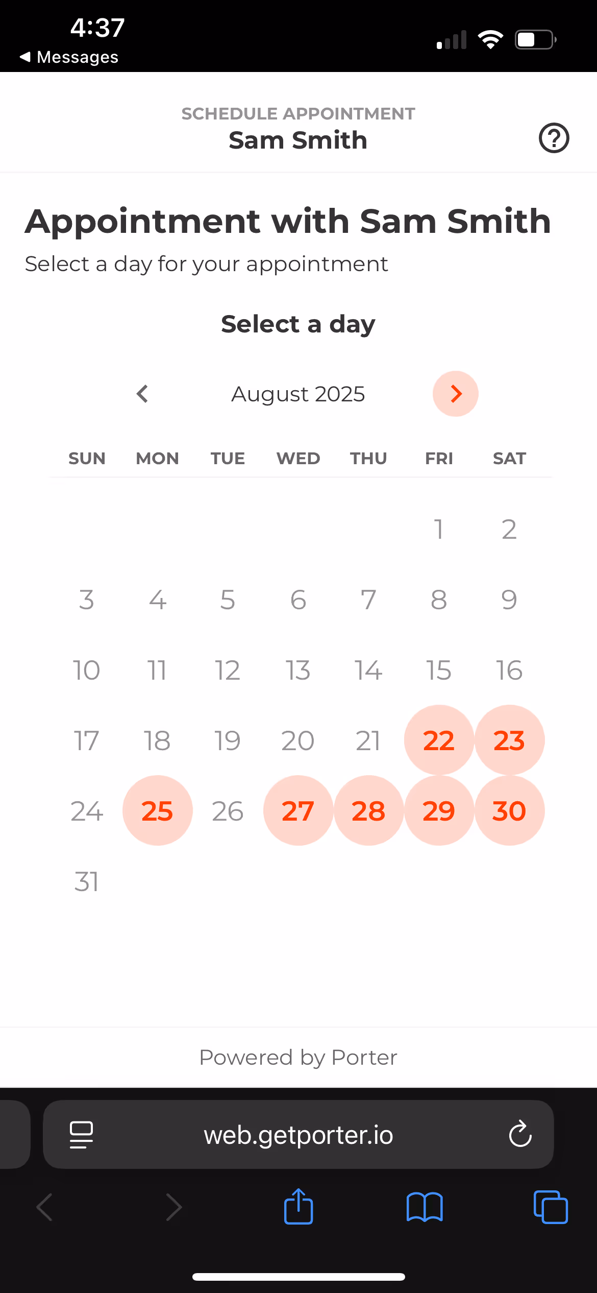 Screenshot of the calendar scheduling page in Porter