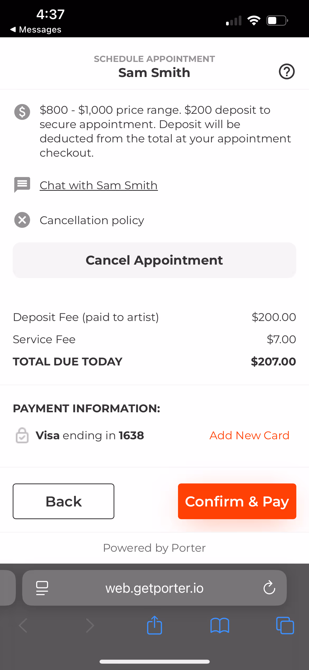 Screenshot of the deposit payment page in Porter