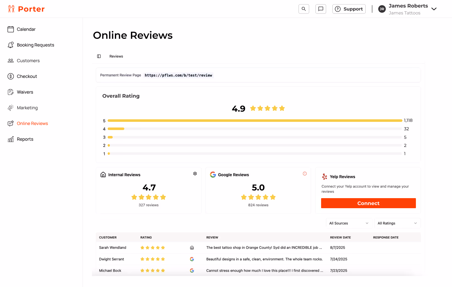 Screenshot of the reputation management page in Porter