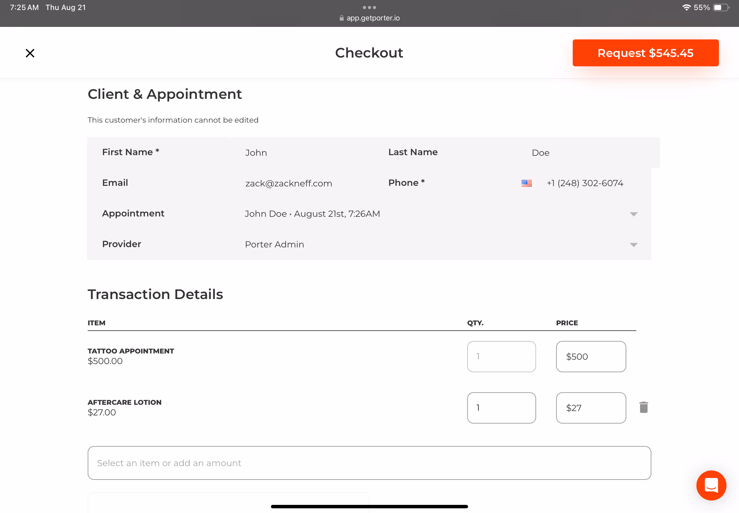 Screenshot of the checkout page in Porter