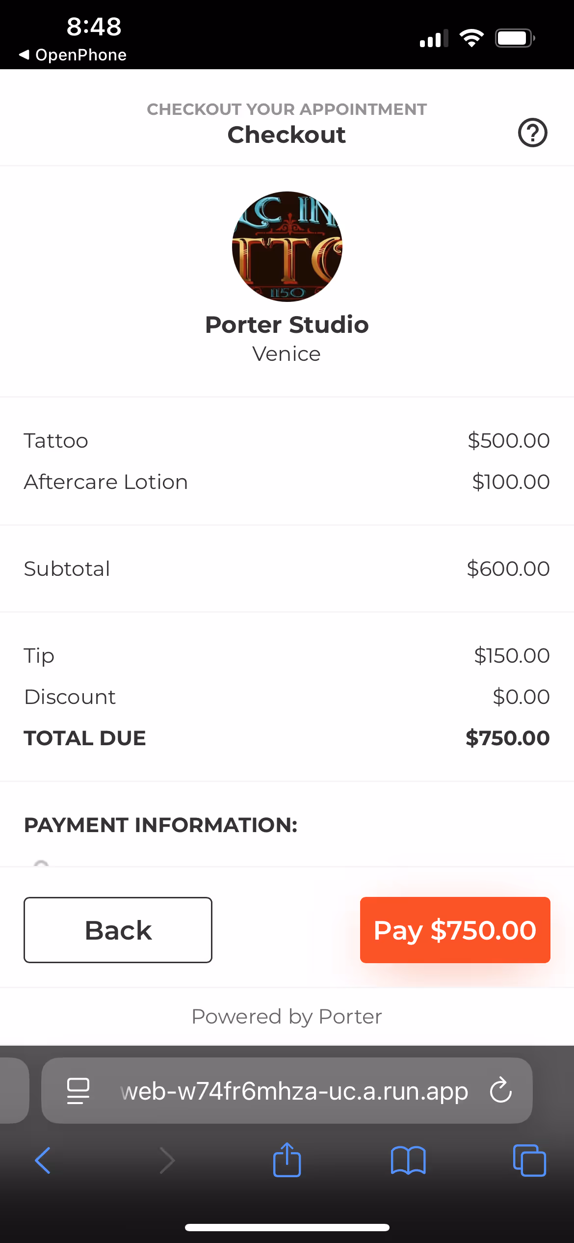 Screenshot of the customer checkout page in Porter