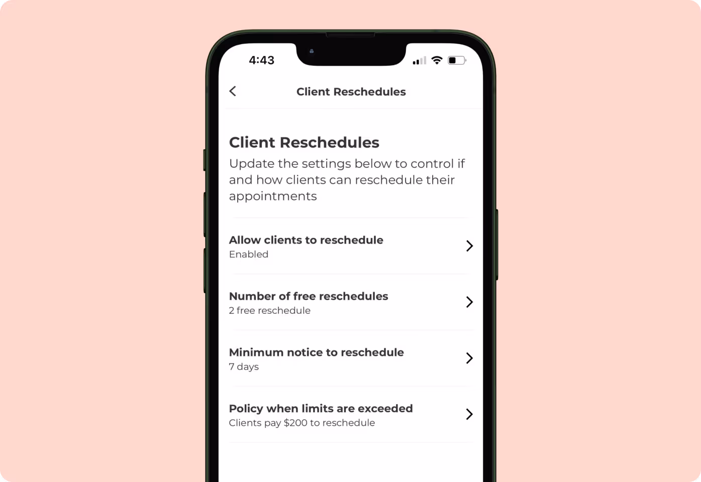 Client rescheduling settings page in Porter