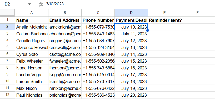 google sheets reminder