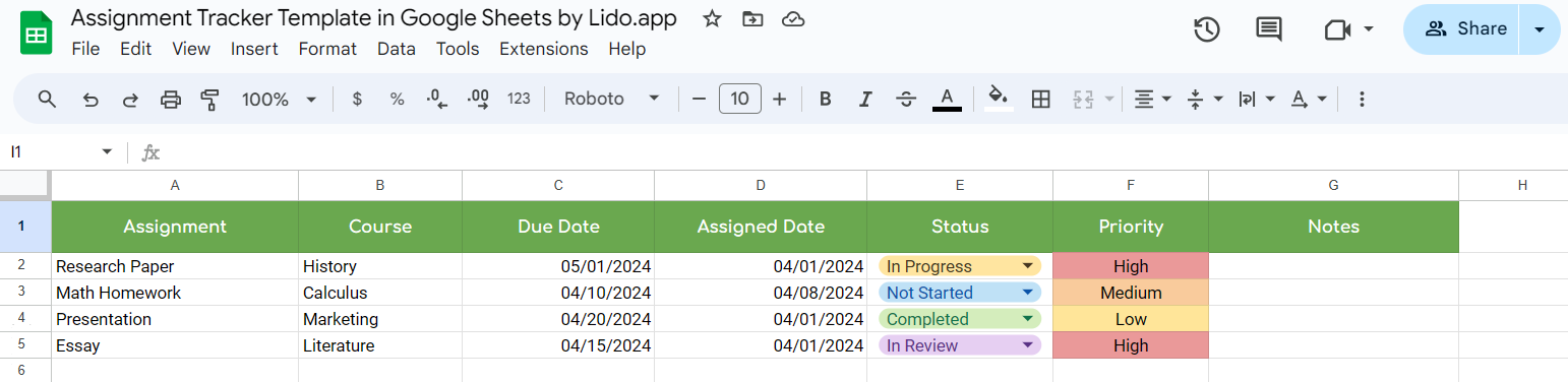 assignment tracker google sheets template