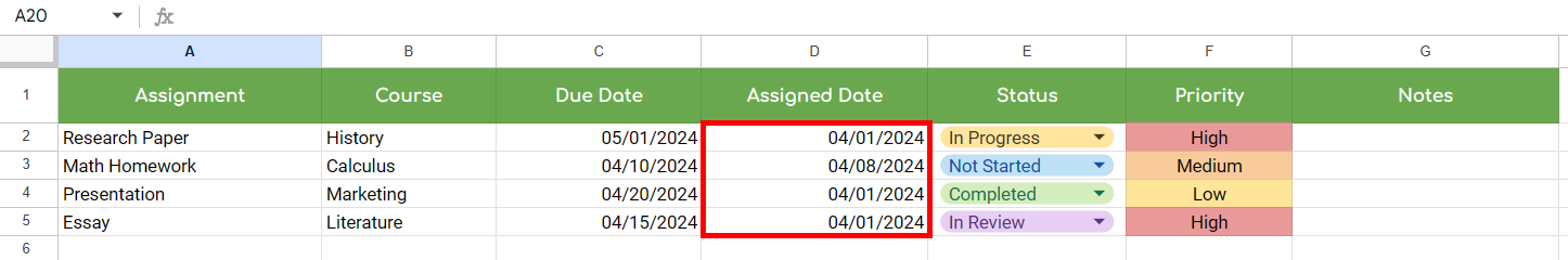 student assignment tracker template google sheets