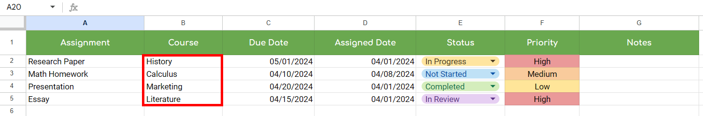 assignment tracker template google sheets