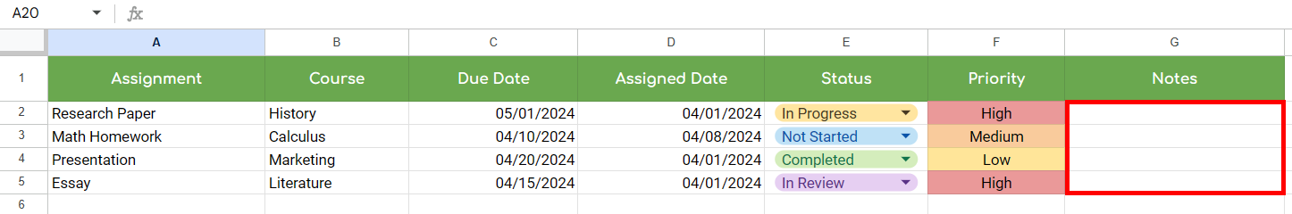 free assignment tracker template google sheets