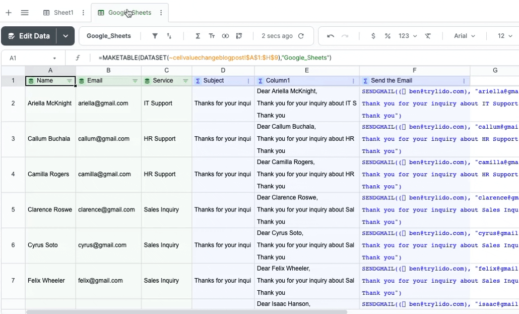 email automation from email address in google speadsheet