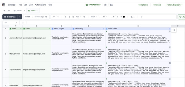 Worksheet for Sending Emails to Multiple People