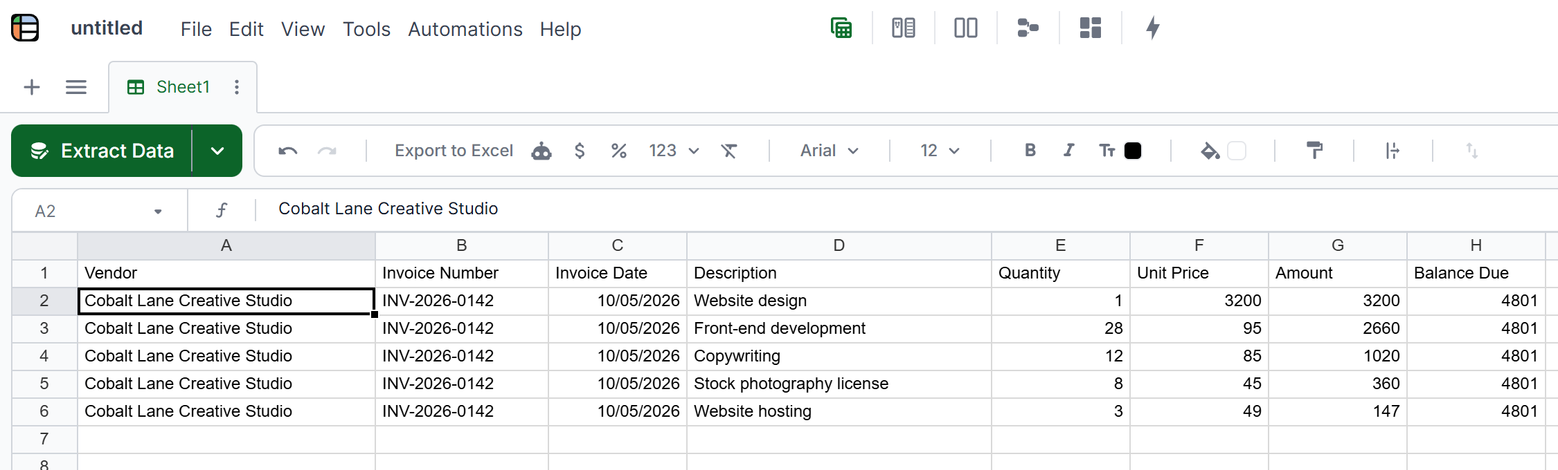 Email attachment data extracted into rows in Lido