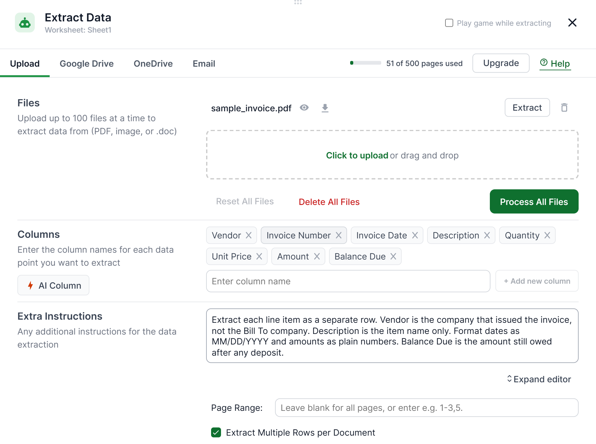 Columns and extra instructions for a sample email attachment in Lido
