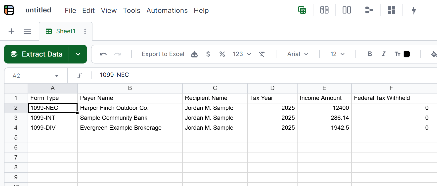 1099 data extracted into a spreadsheet in Lido