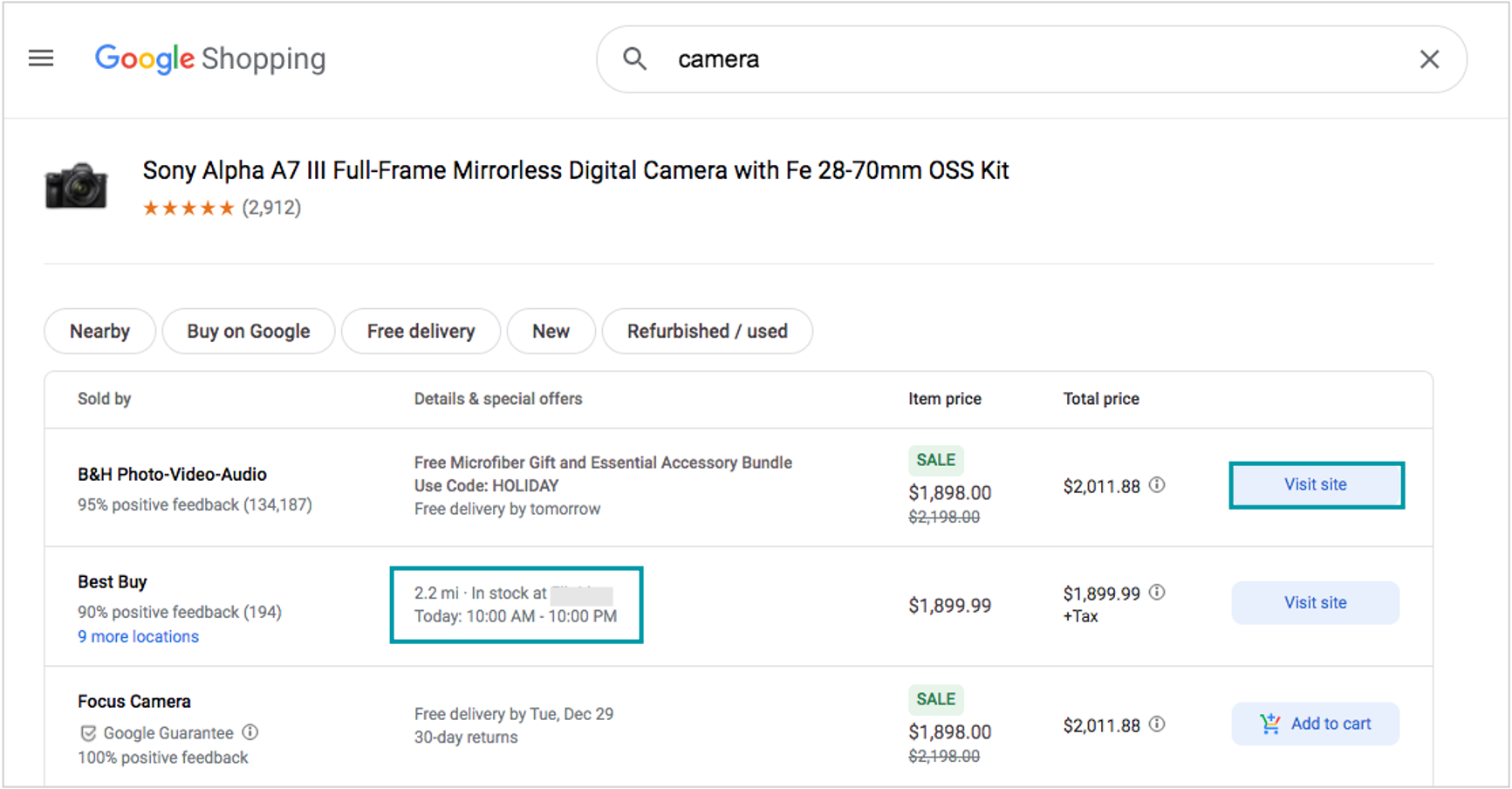 screenshot of google shopping checkout options