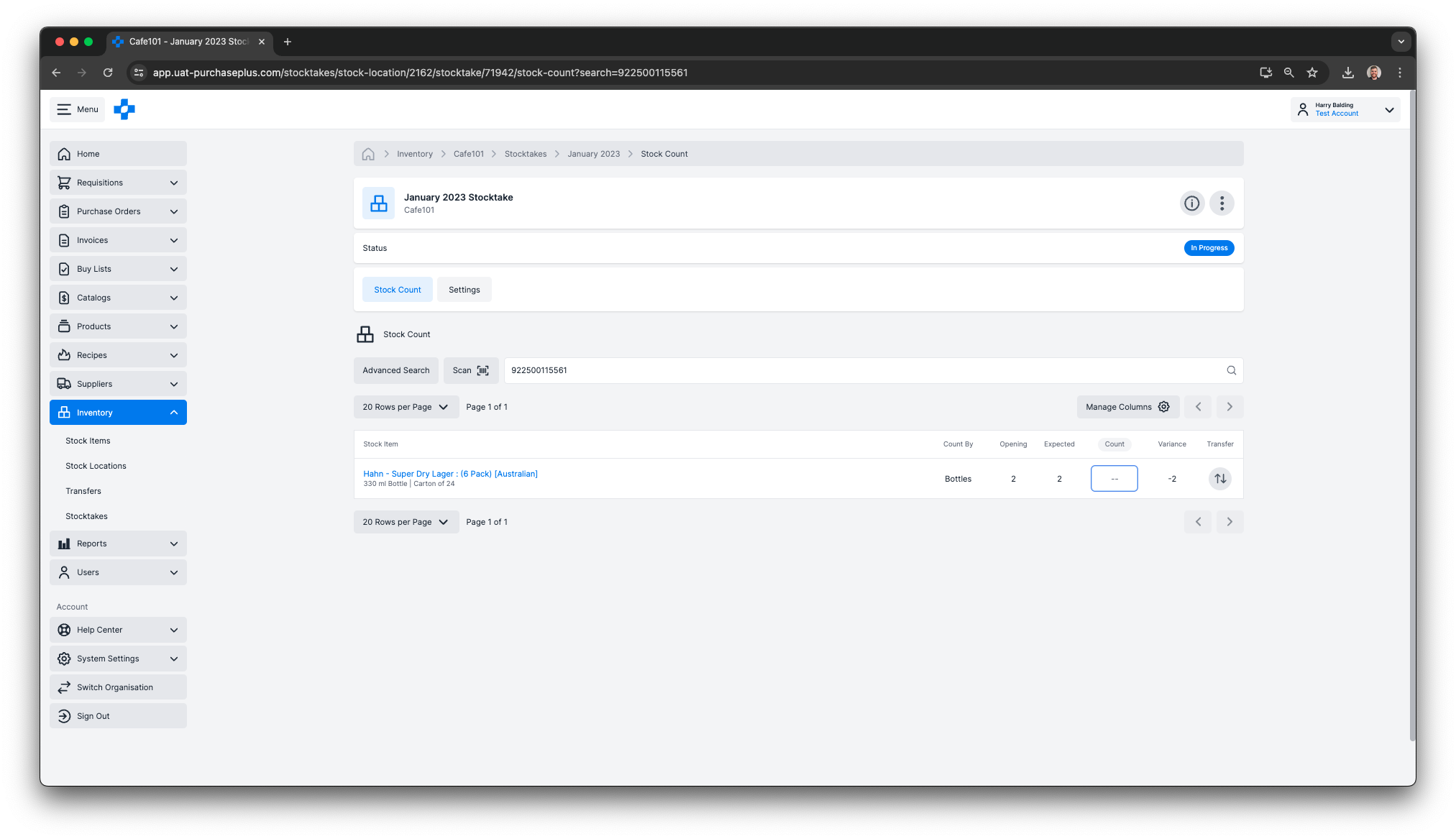 Searching a Stocktake using a barcode as the search term.