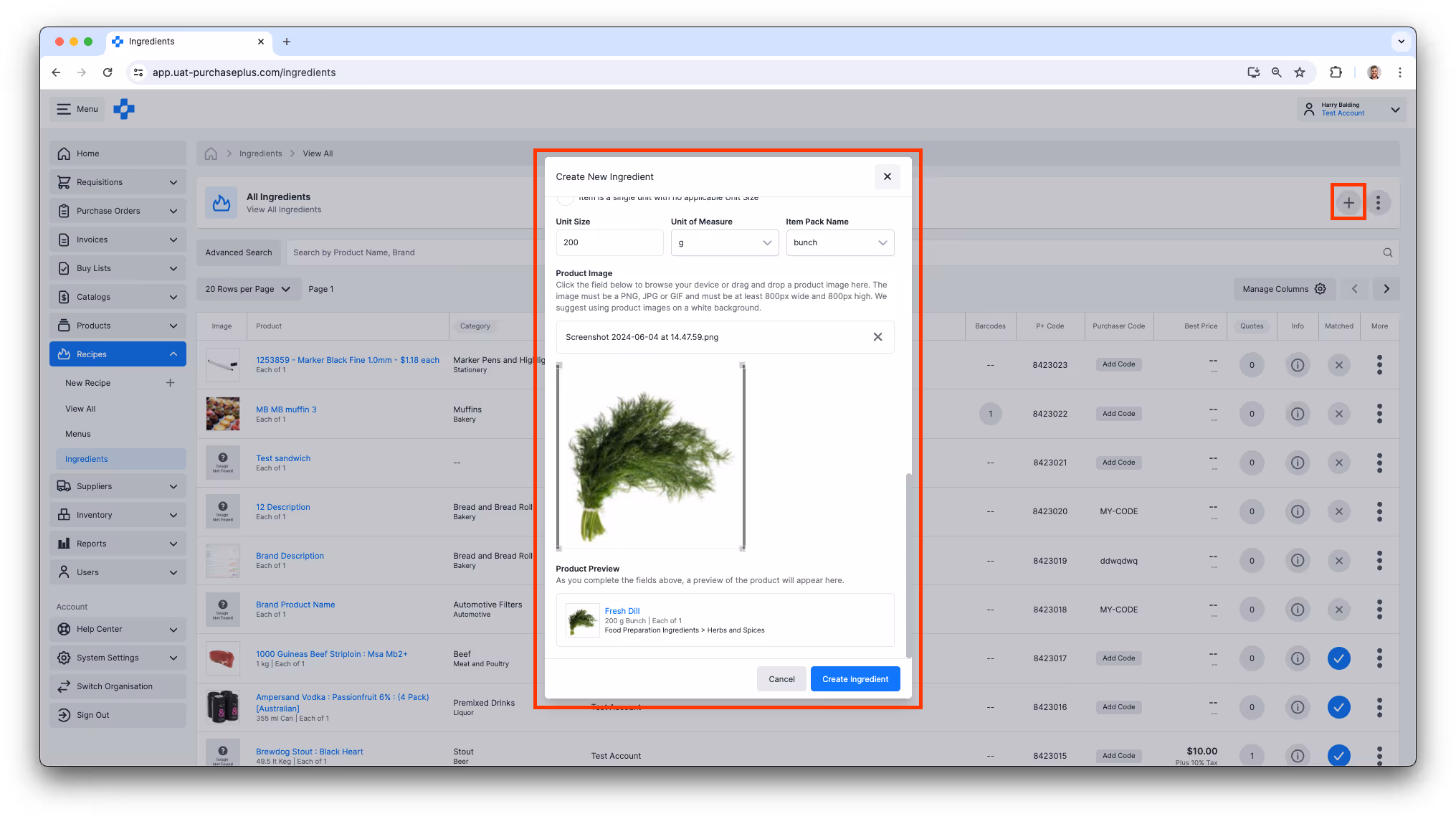 Create a new Ingredient in PurchasePlus's Recipes Module
