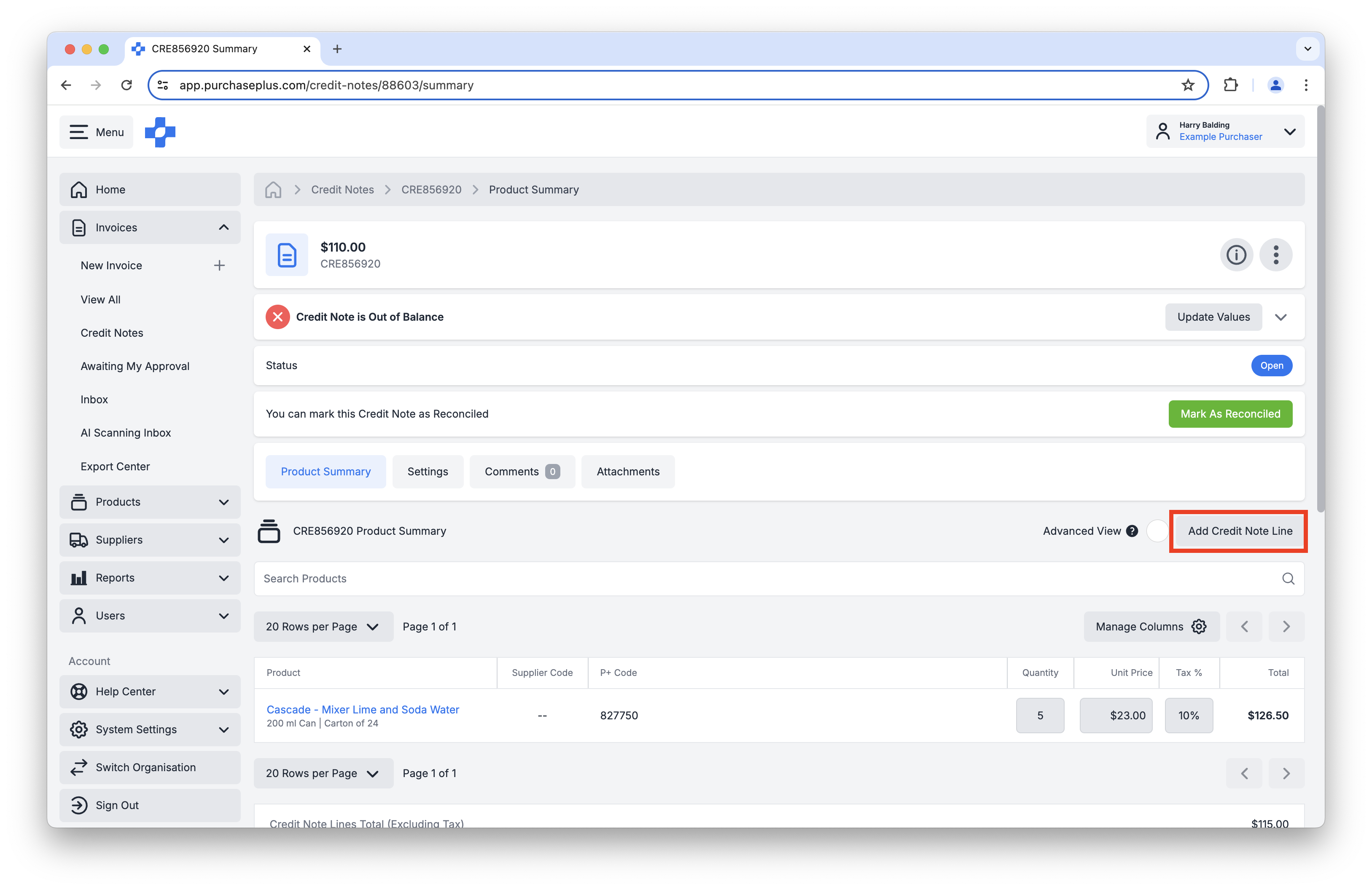 Add New Credit Note Line