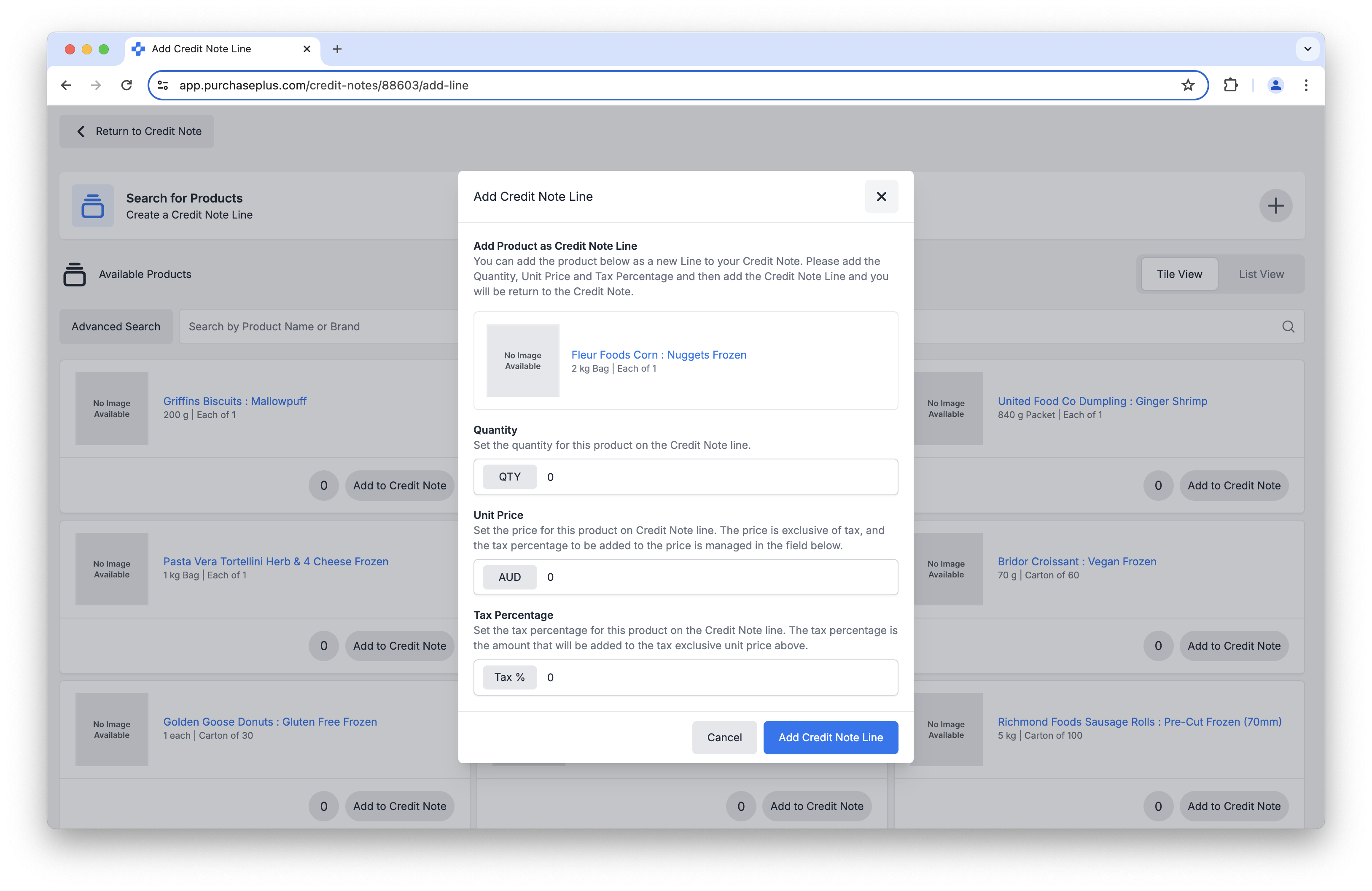 Advanced Searching Products to add to a Credit Note lIne