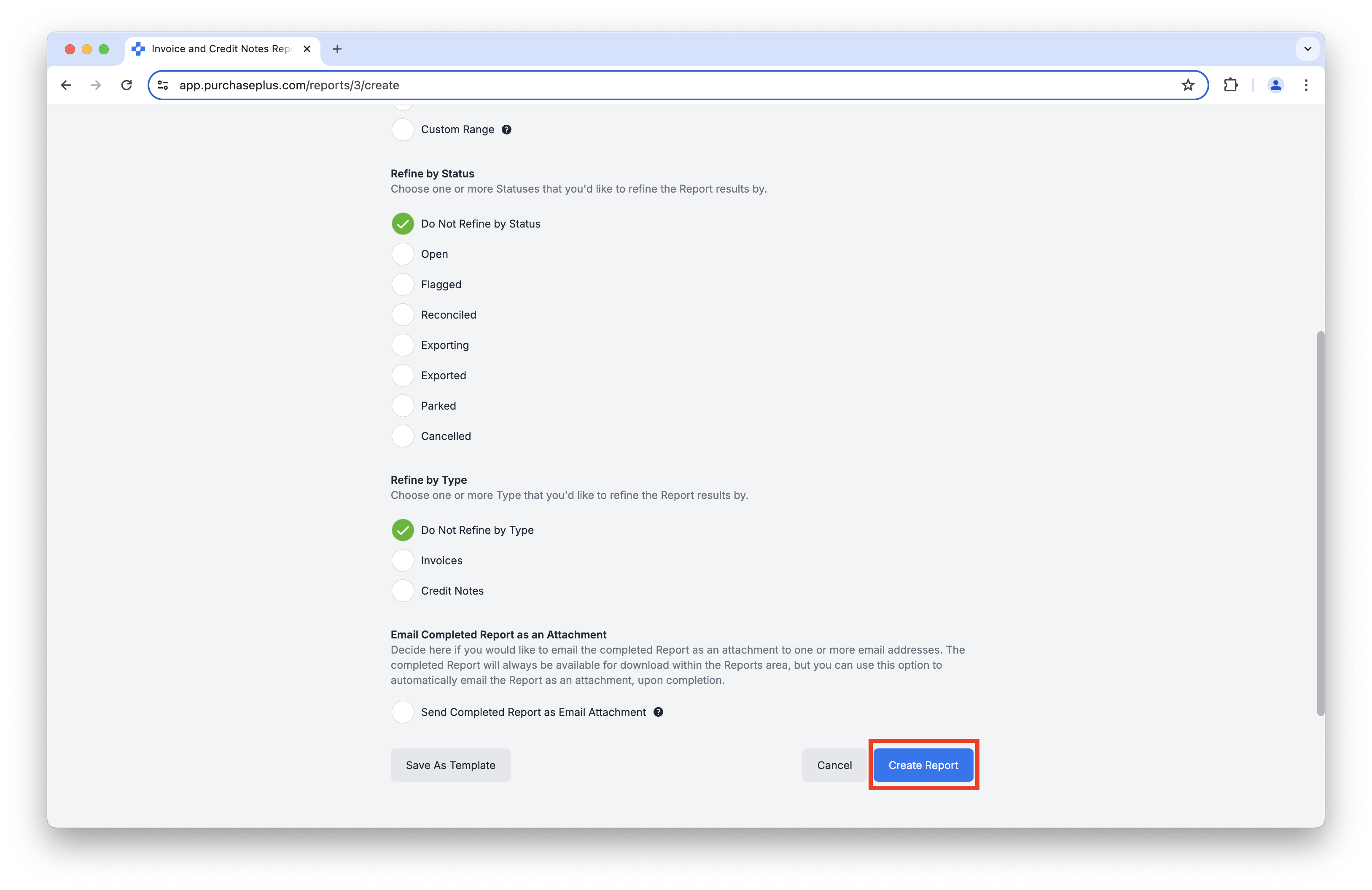 defining parameters for a report in Purchaseplus
