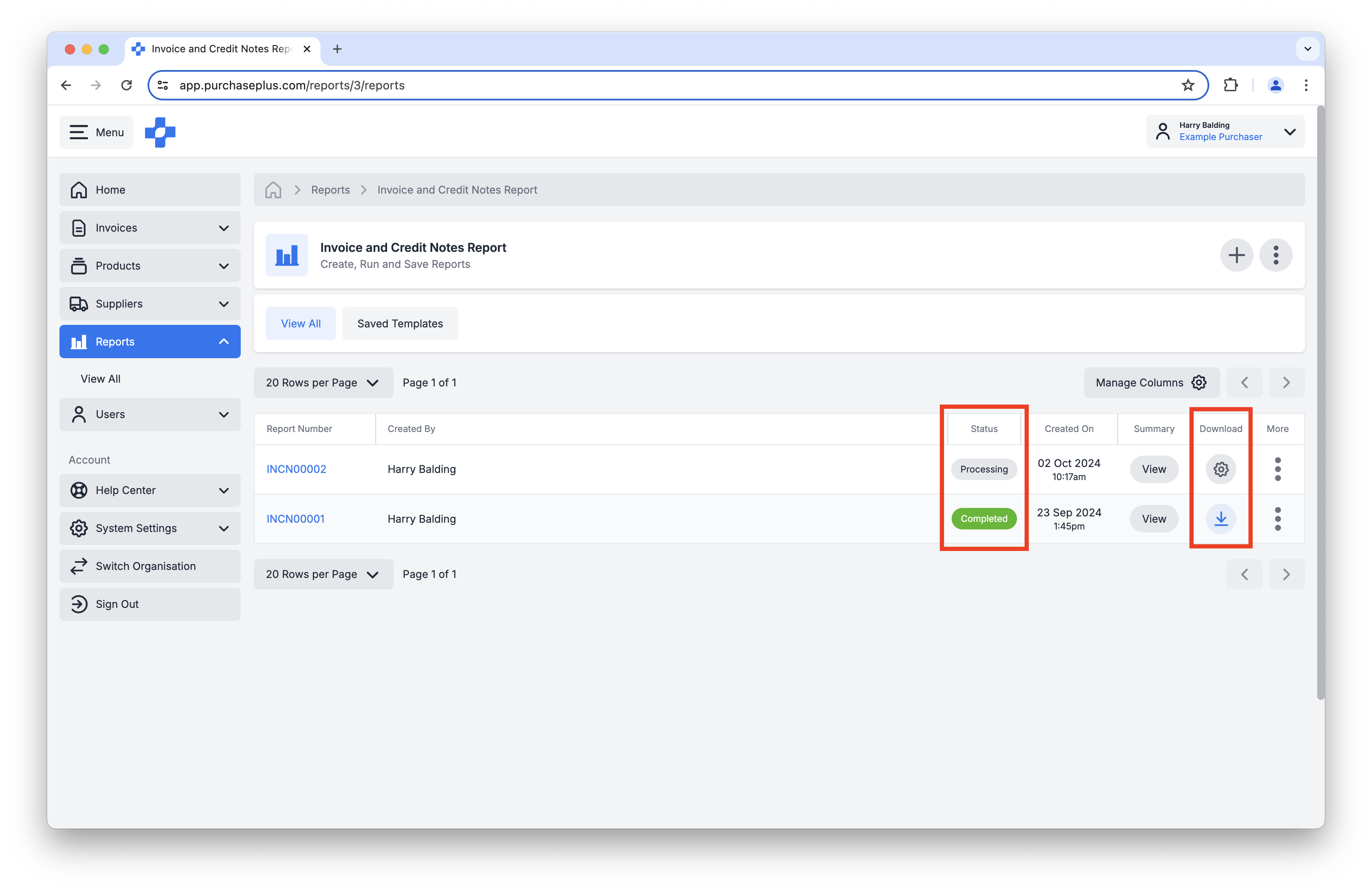Report is processing in PurchasePlus