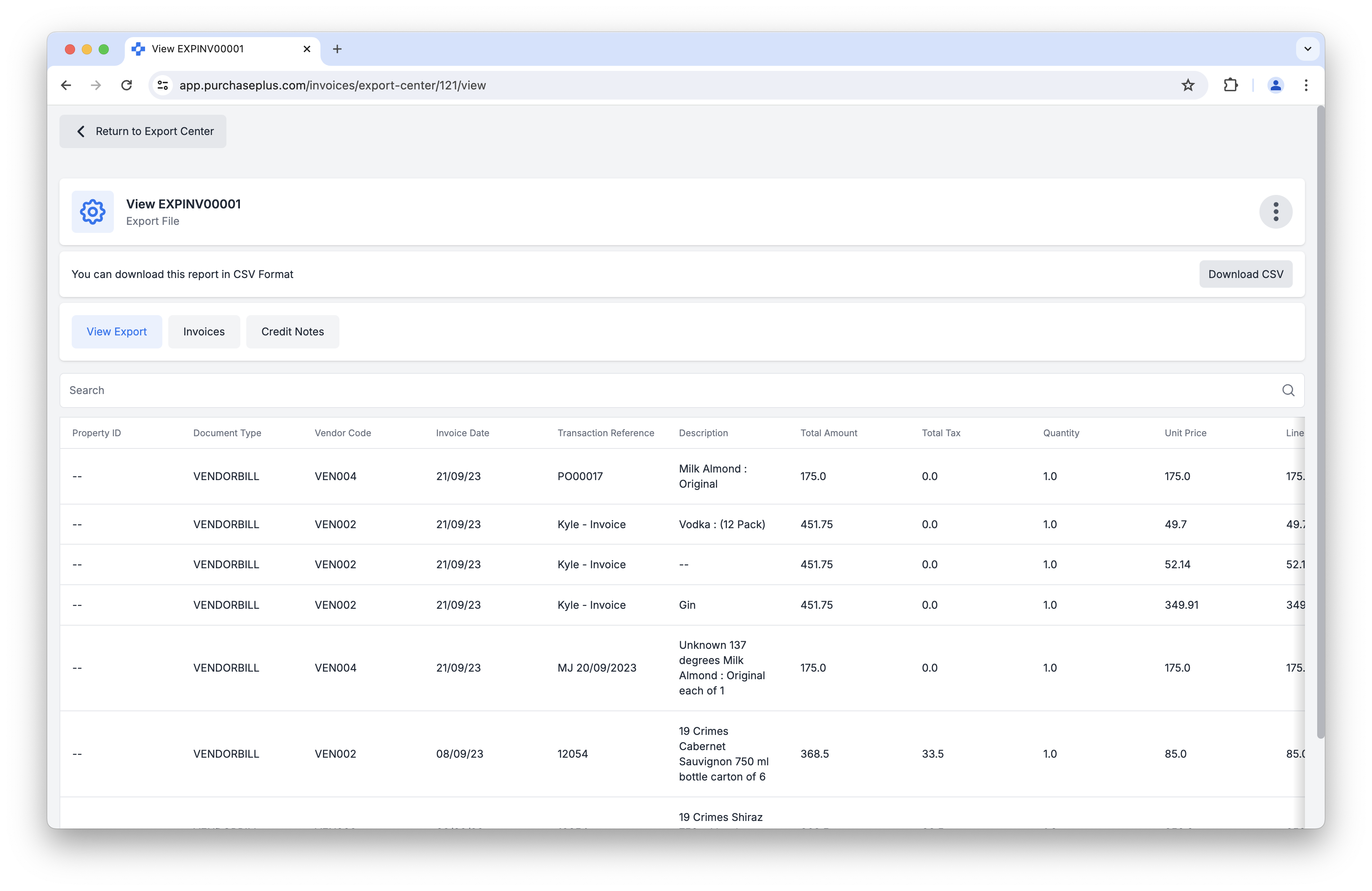 Viewing the Export File inside of PurchasePlus