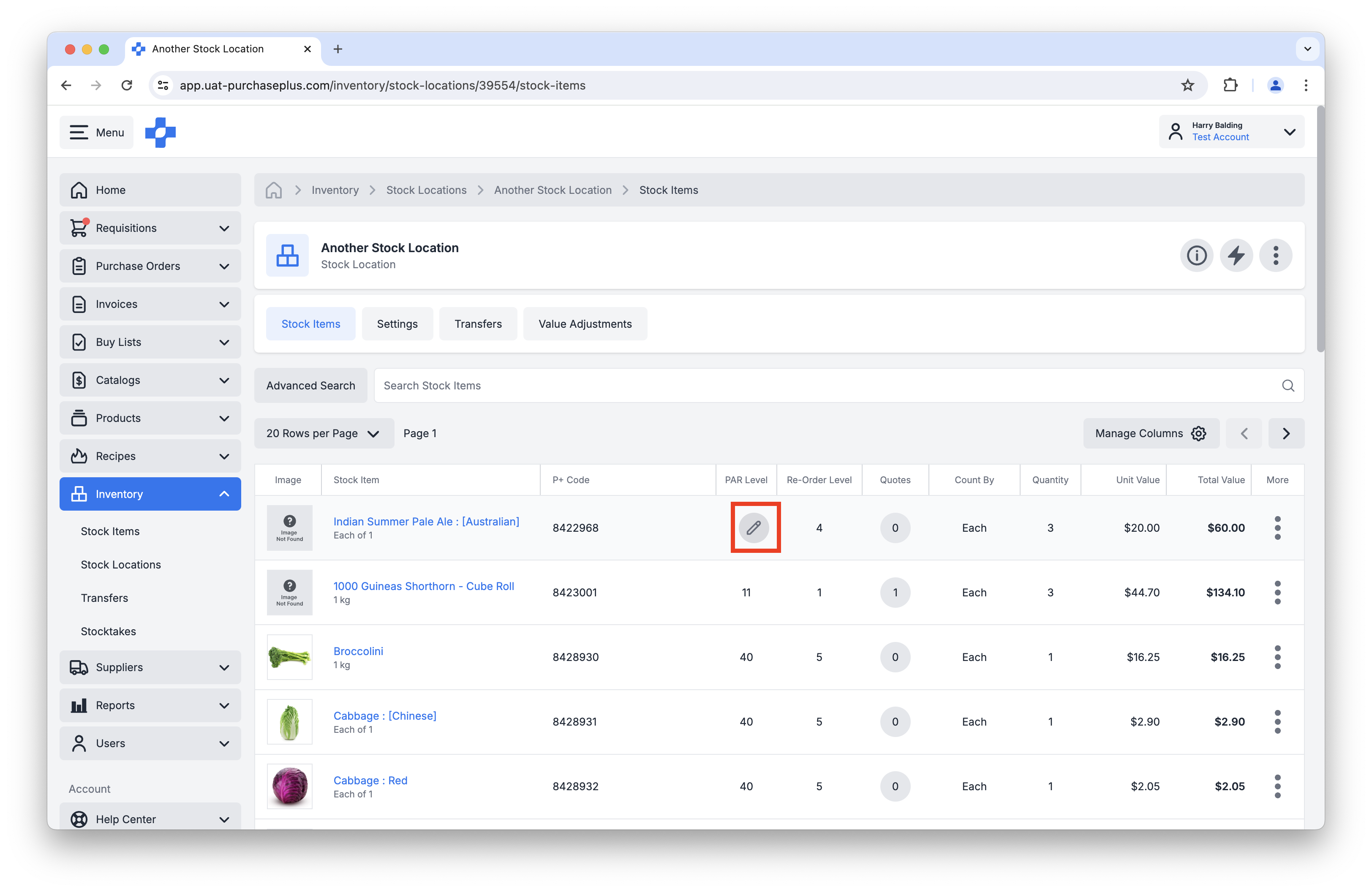 Hover to edit PAR and Reorder levels