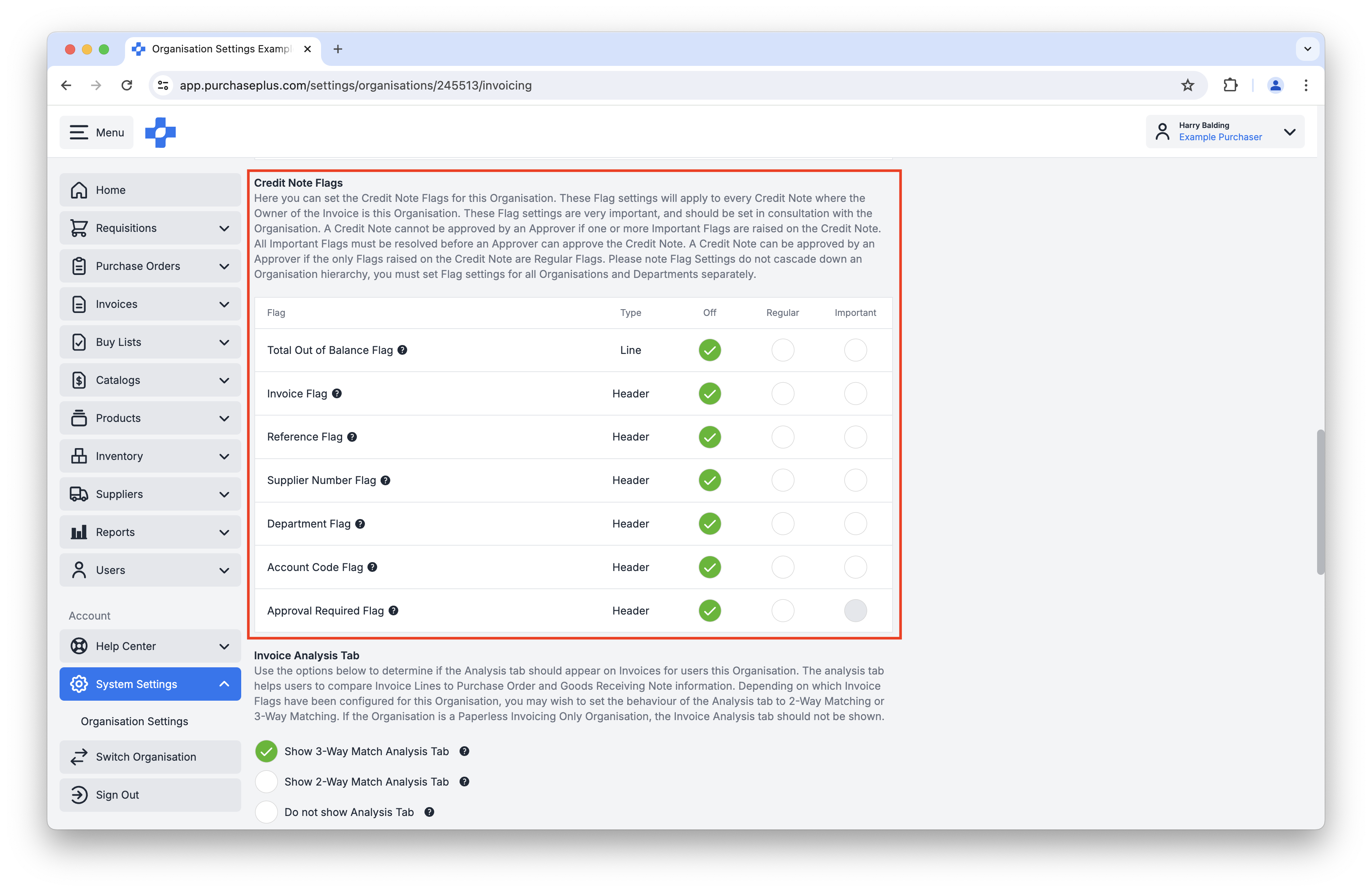 System Admin view of Credit Note flags