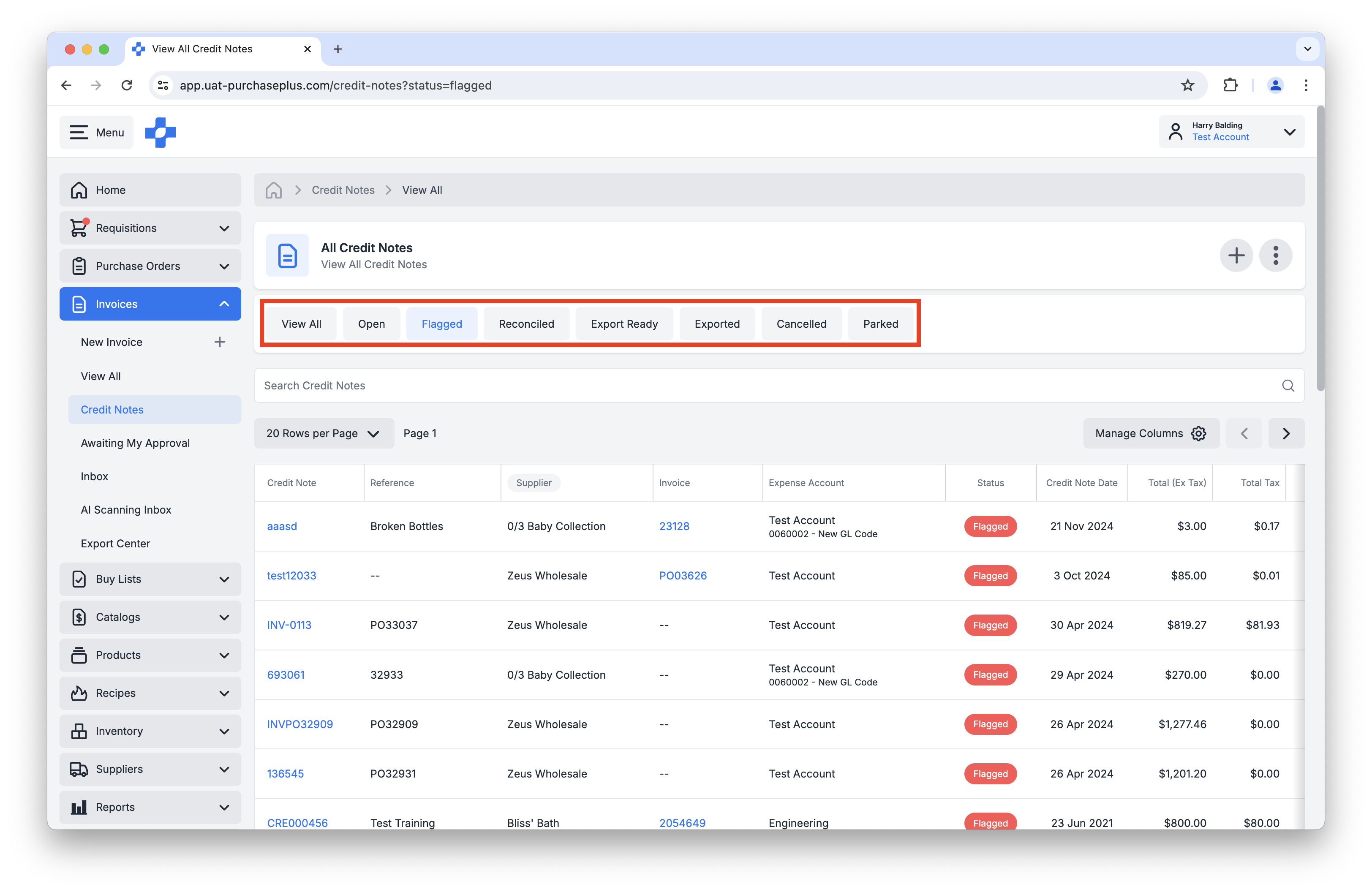 Filtering Credit Notes by Status