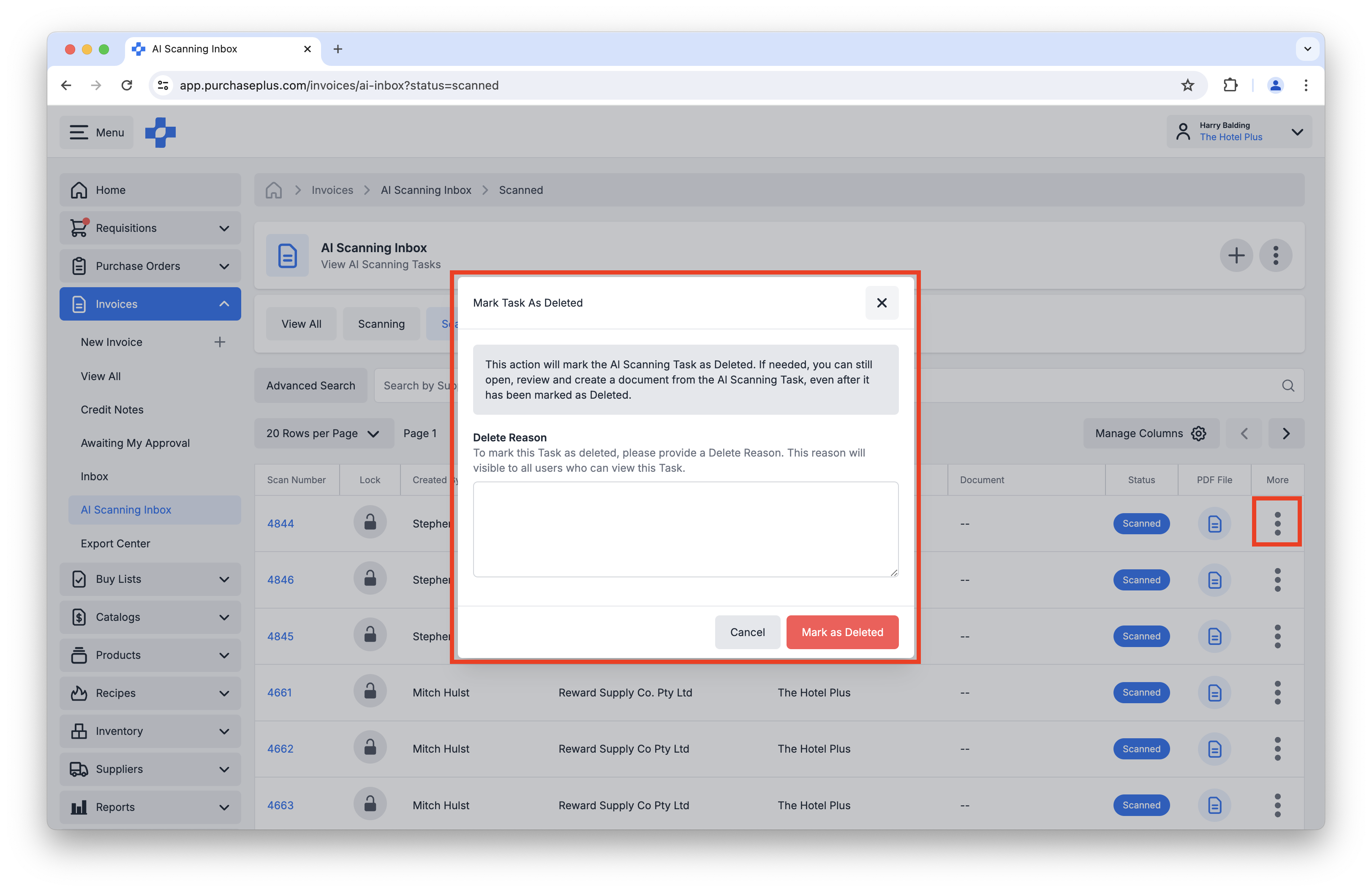 Delete an AI Scanning Task and provide a reason