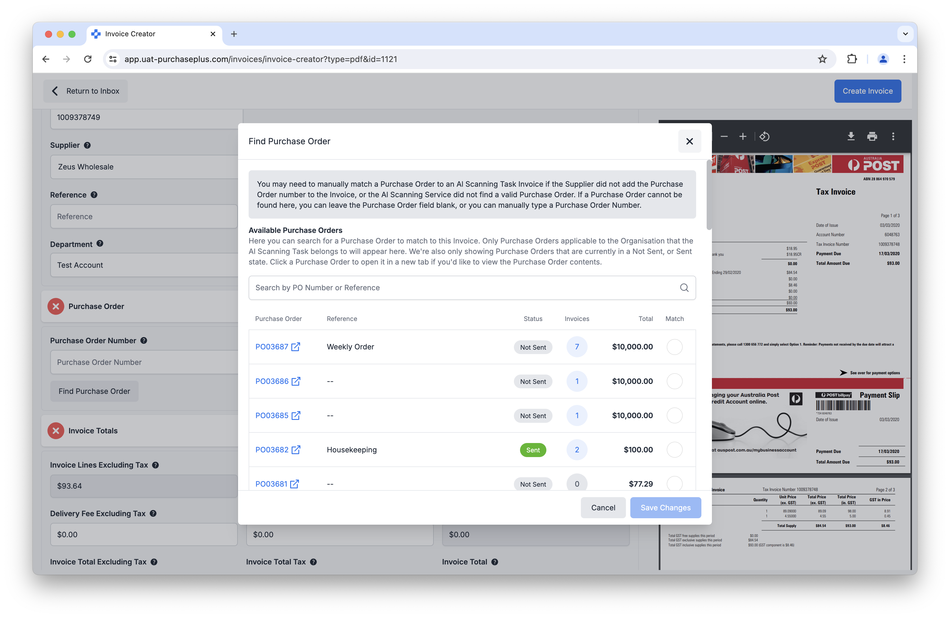 Improved PO matching modal AI Scanner