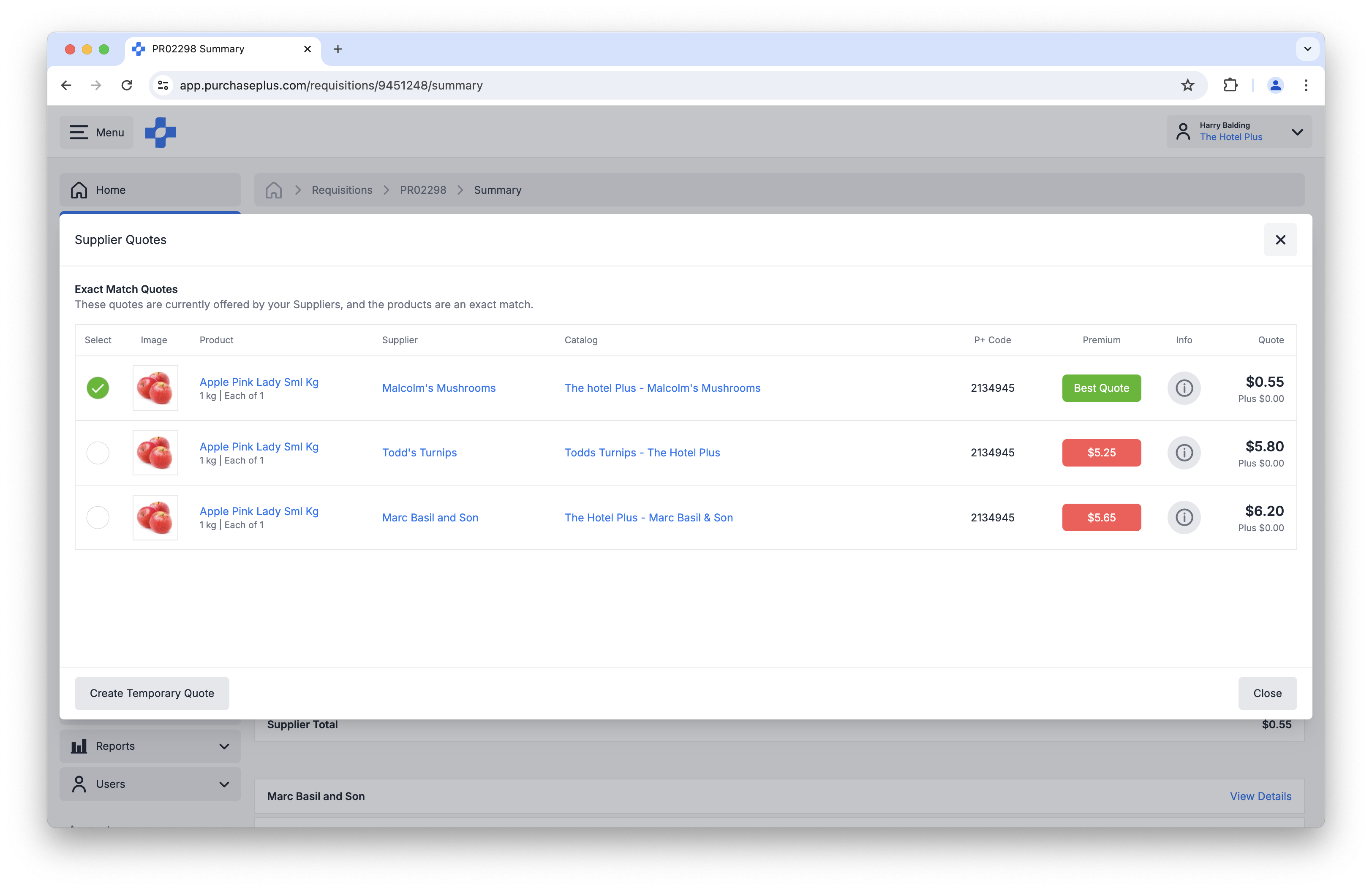 New Quotes Modal in New Purchase Plus