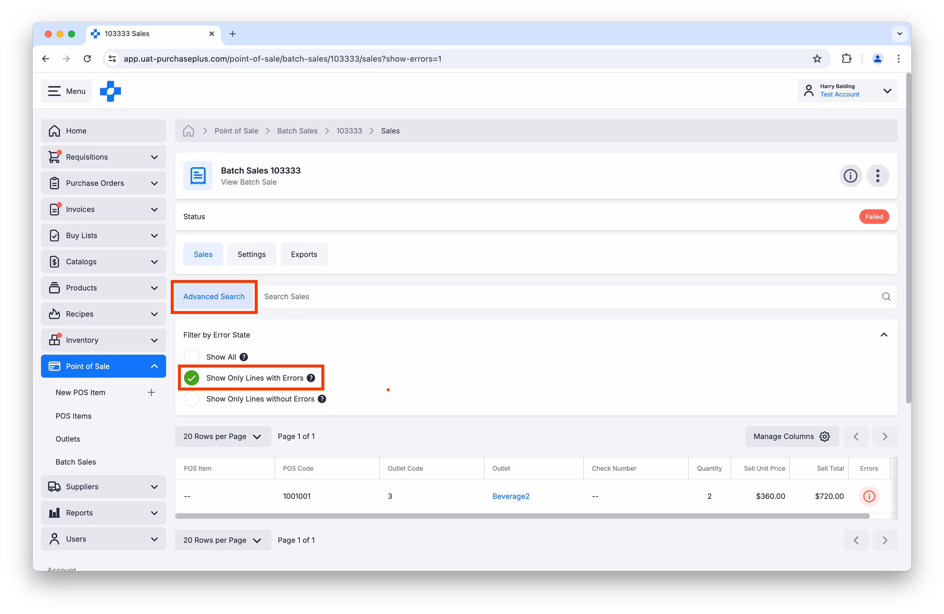 Advanced Searching a Batch Sale to see Errors