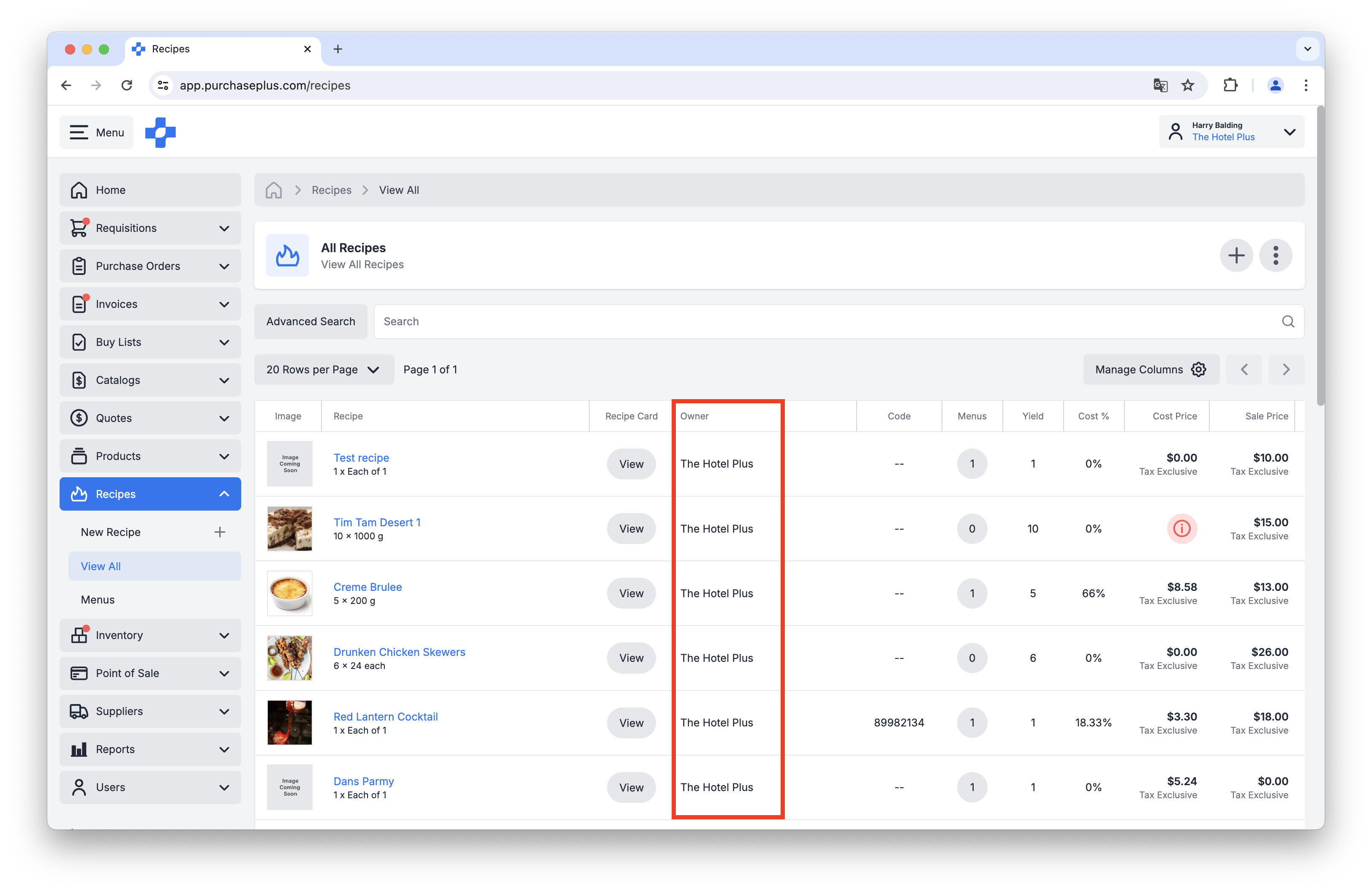 Recipe Owner Column