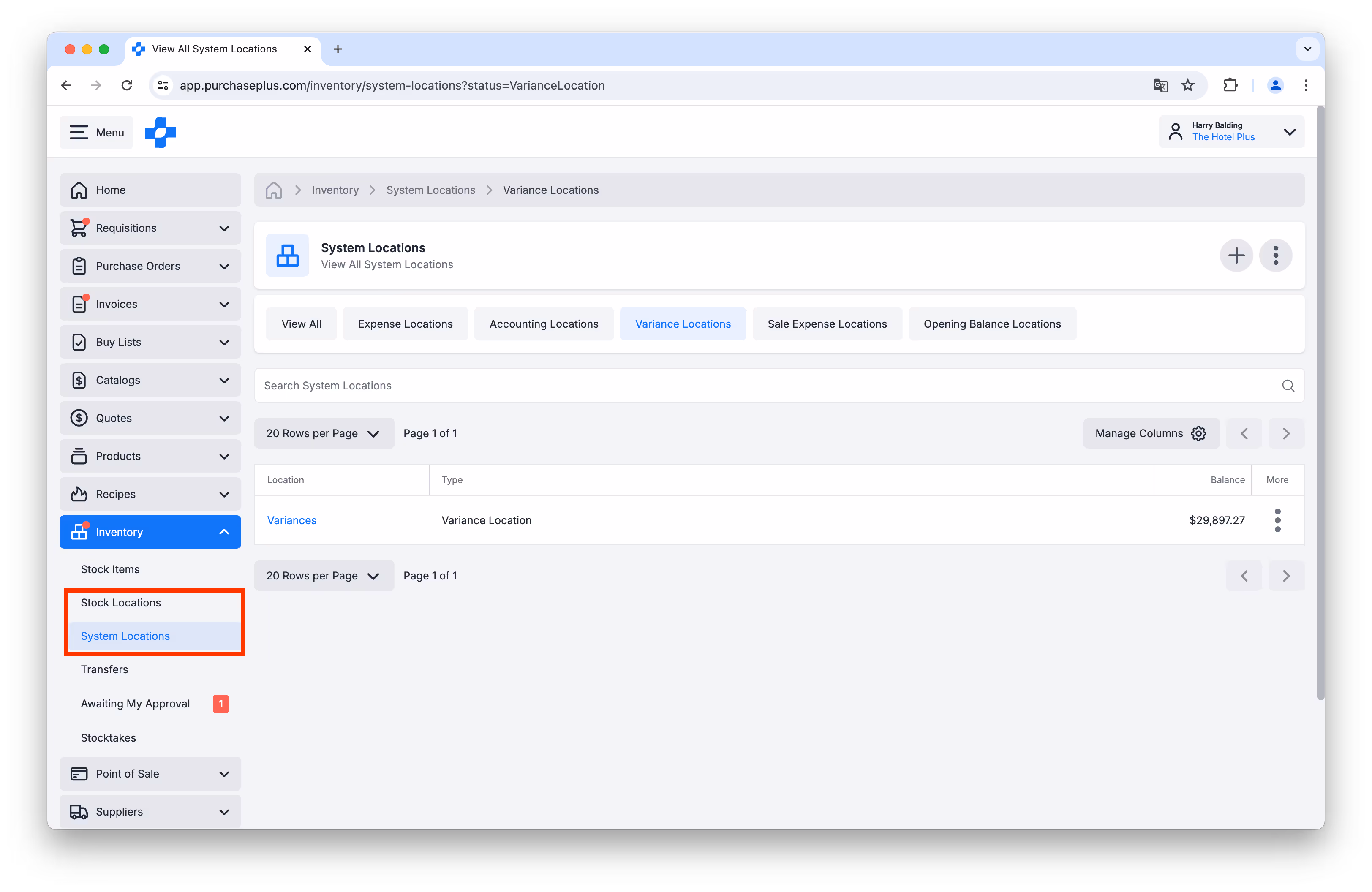 The system locations page in new purchaseplus