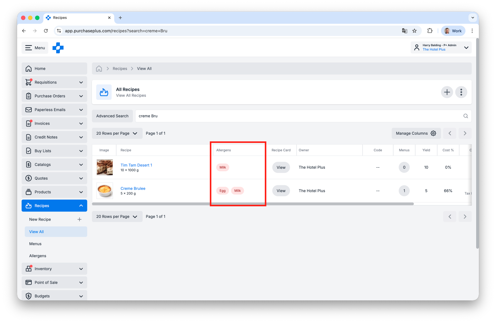 View Allergens by Recipe