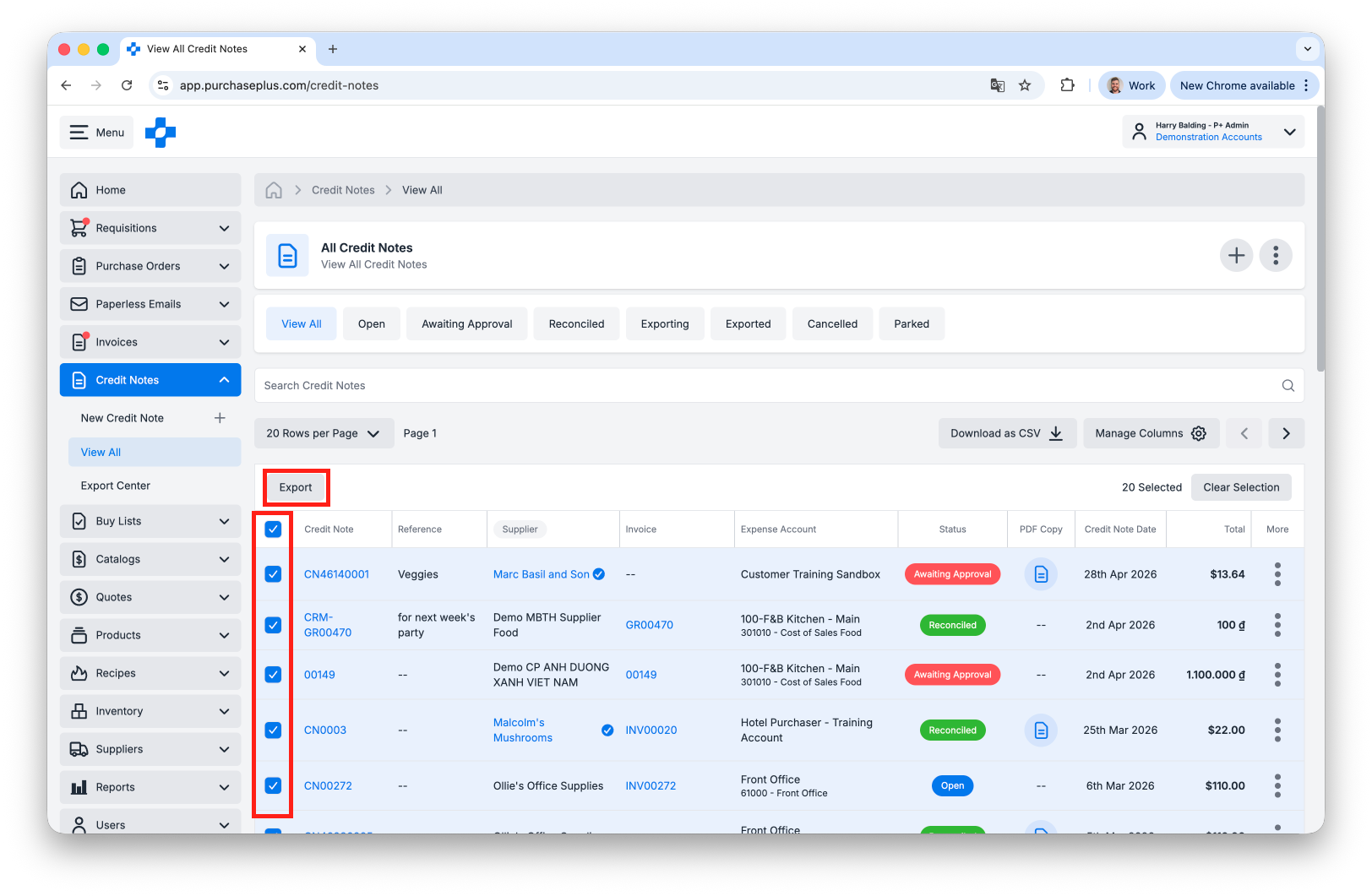 Bulk Credit Note Export