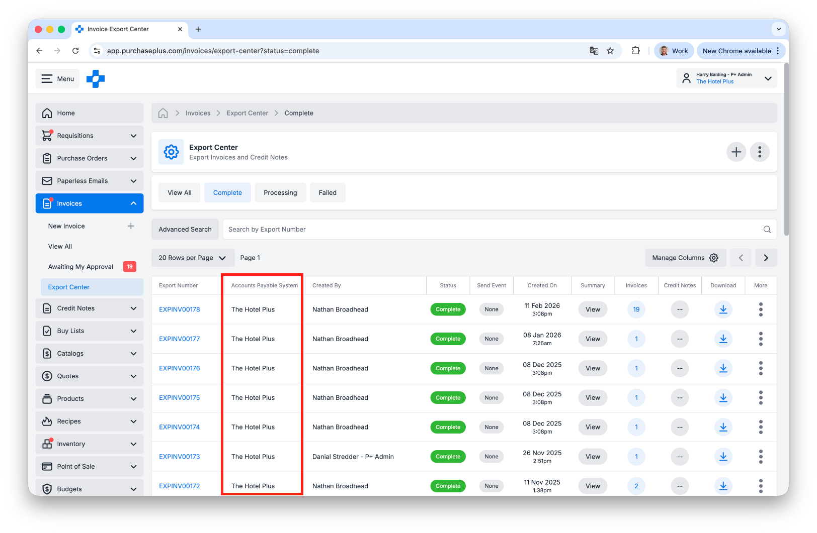 AP System column in export centre