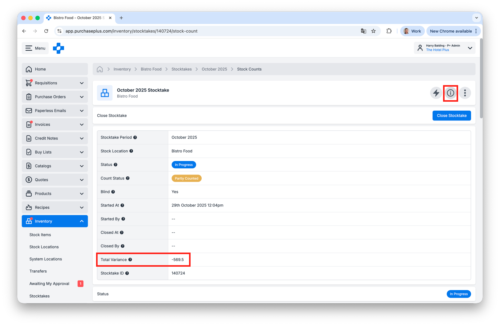Total variance in progress stocktake