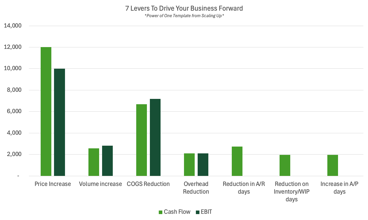 The 7 levers to drive you business forward - Price, Volume, COGS, Overhead, Accounts receivable, Inventory, Accounts payable